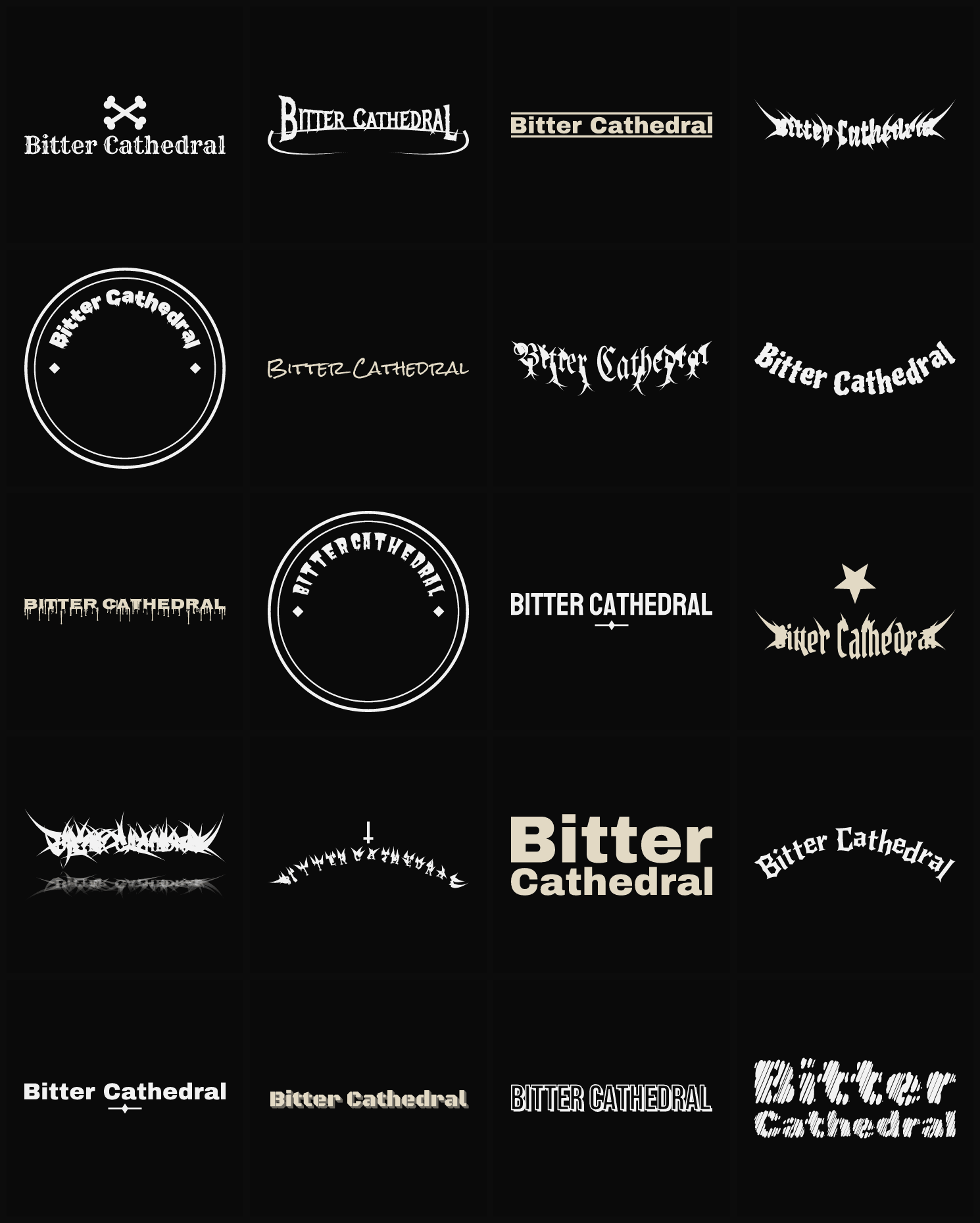 Twenty Bitter Cathedral band logo ideas — different faces, treatments and spike settings