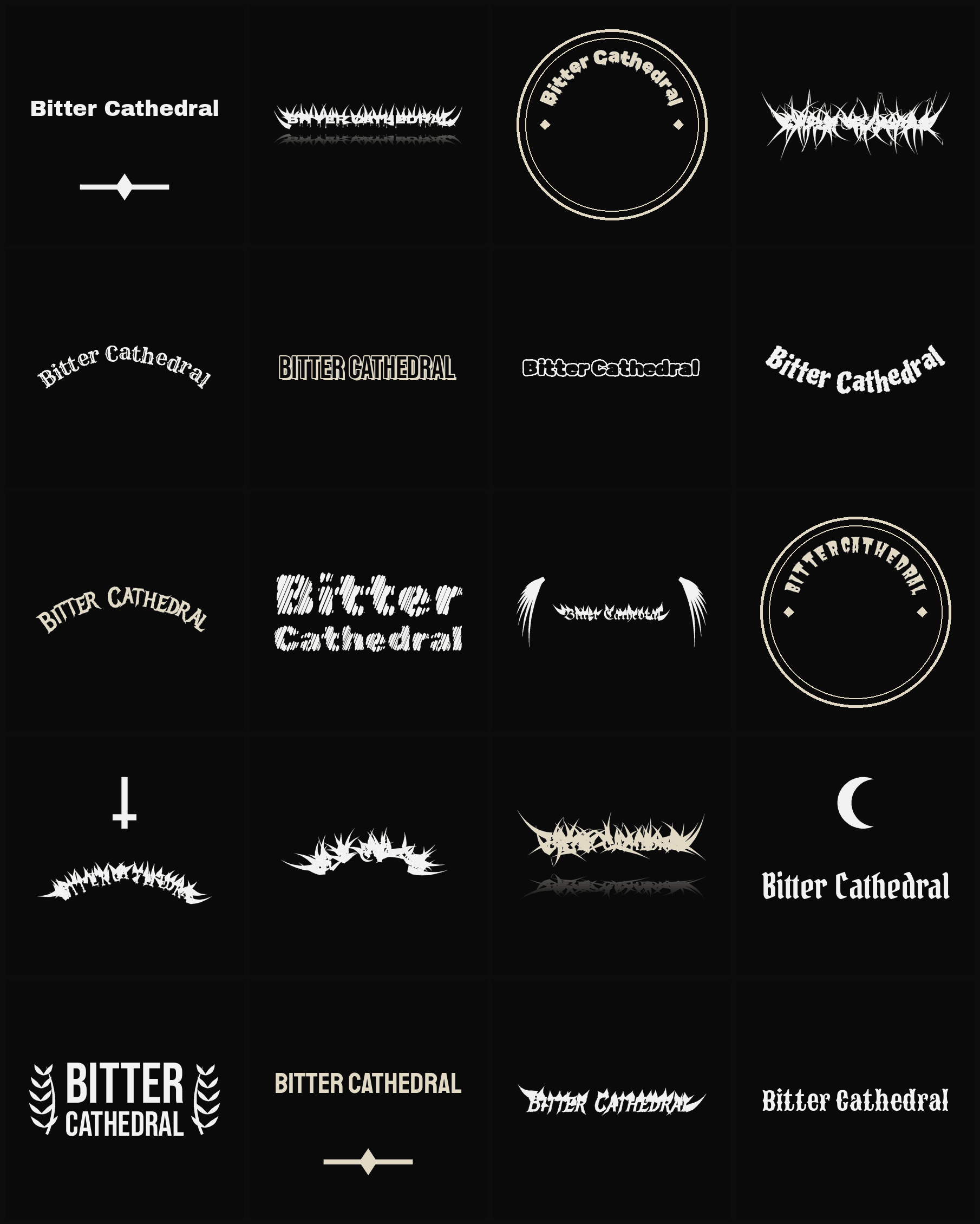 Twenty Bitter Cathedral band logo ideas — different faces, treatments and spike settings