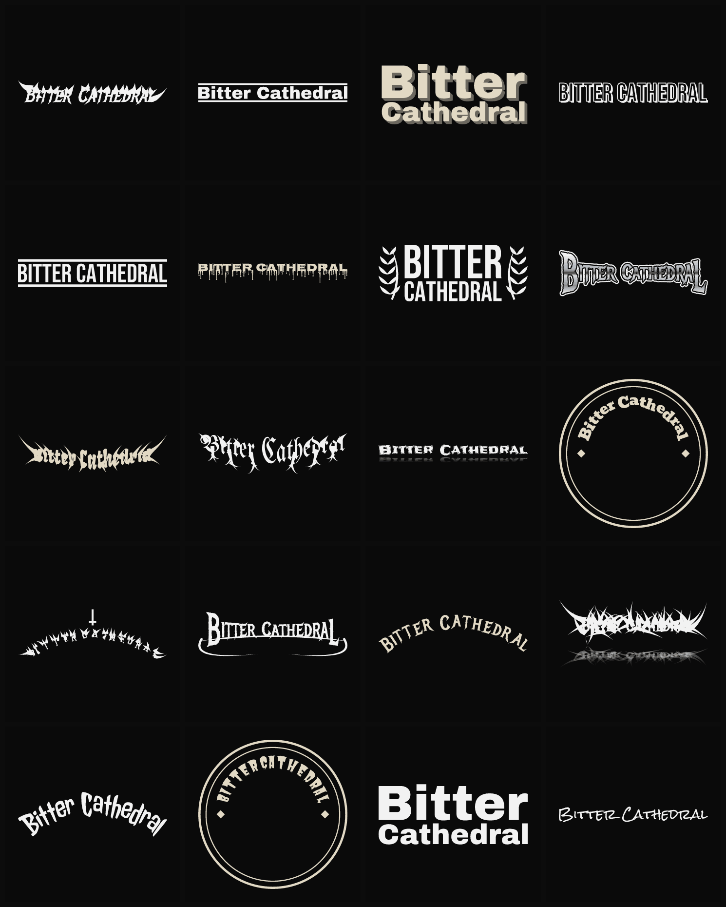 Twenty Bitter Cathedral band logo ideas — different faces, treatments and spike settings