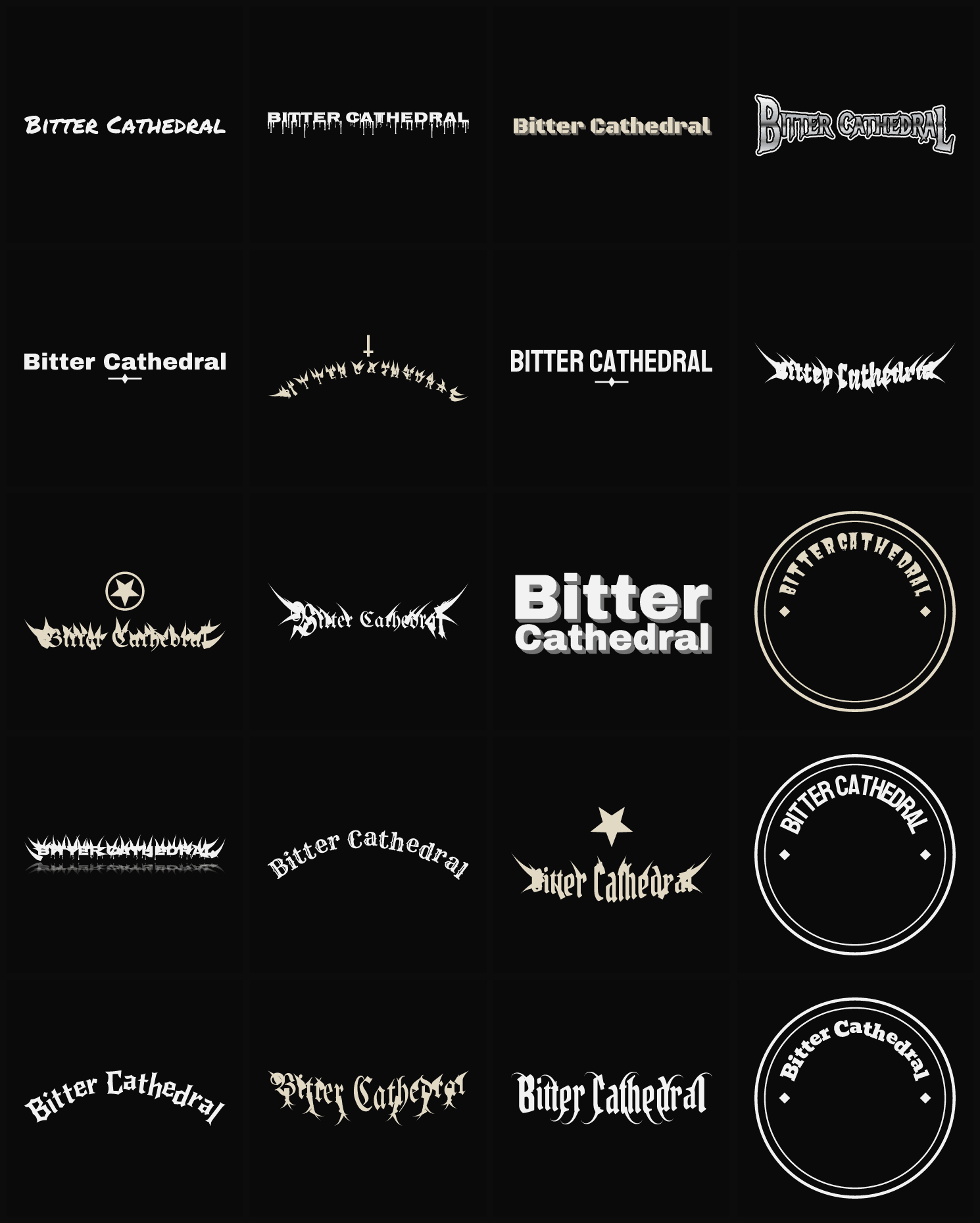 Twenty Bitter Cathedral band logo ideas — different faces, treatments and spike settings