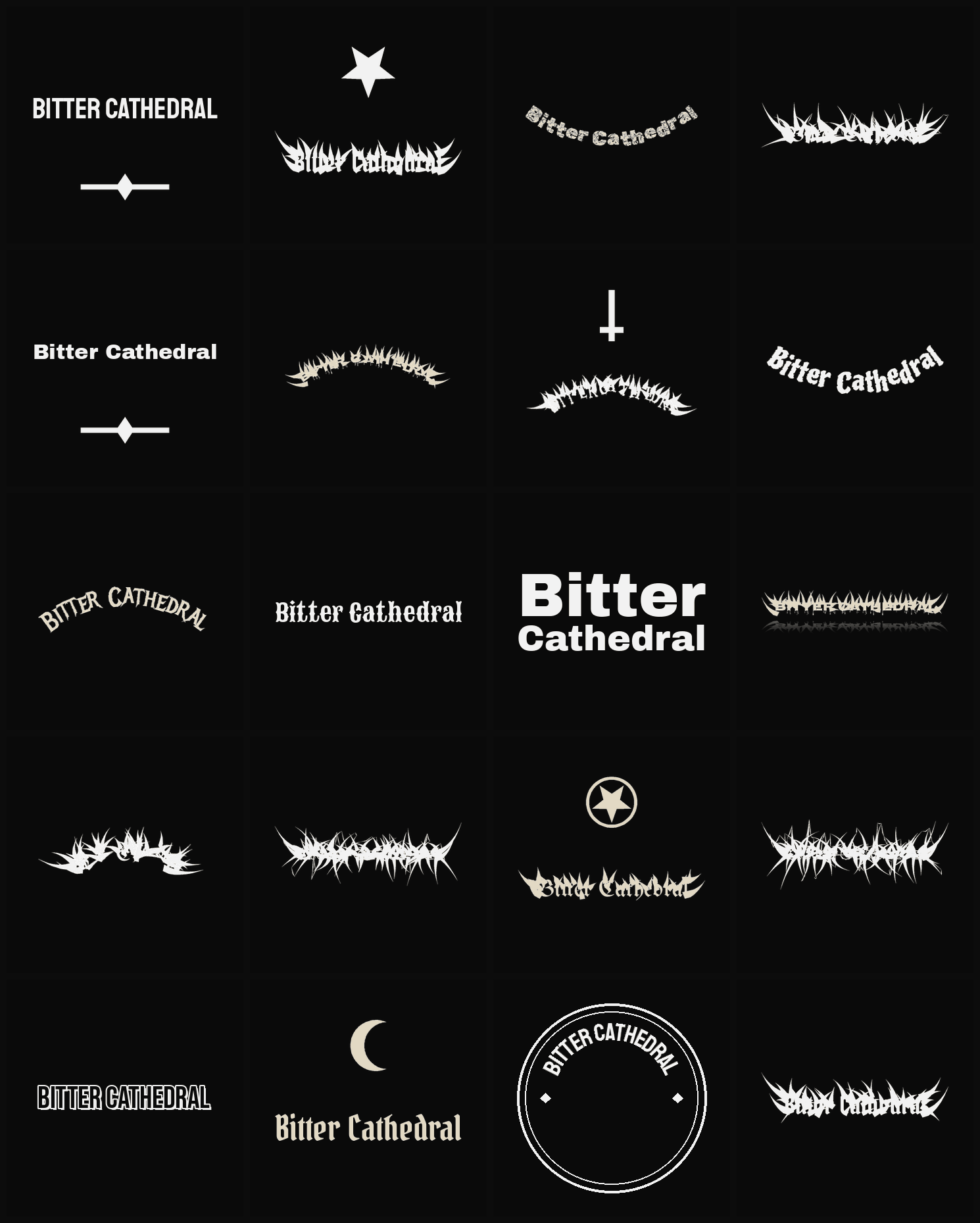 Twenty Bitter Cathedral band logo ideas — different faces, treatments and spike settings