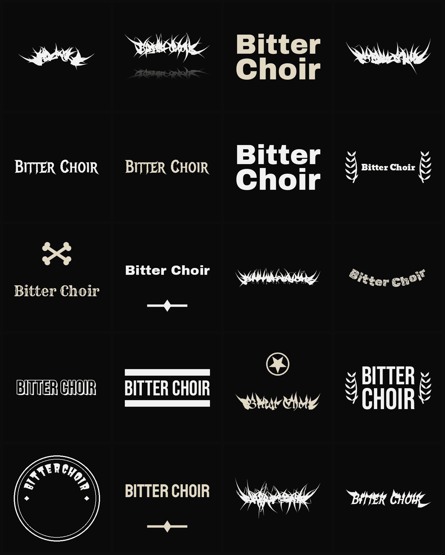 Twenty Bitter Choir band logo ideas — different faces, treatments and spike settings