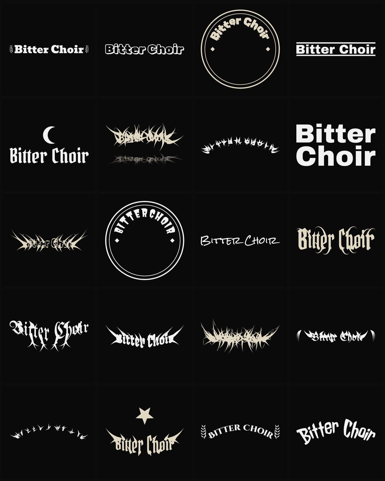 Twenty Bitter Choir band logo ideas — different faces, treatments and spike settings