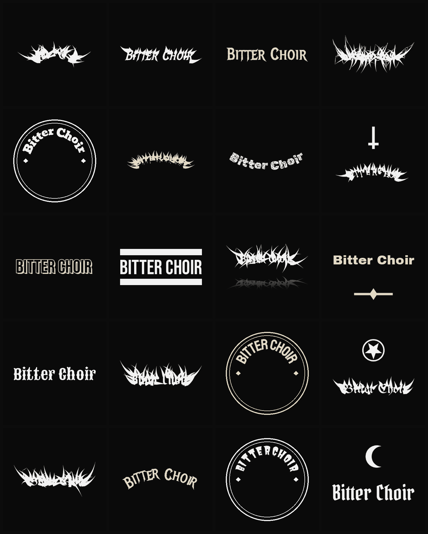 Twenty Bitter Choir band logo ideas — different faces, treatments and spike settings