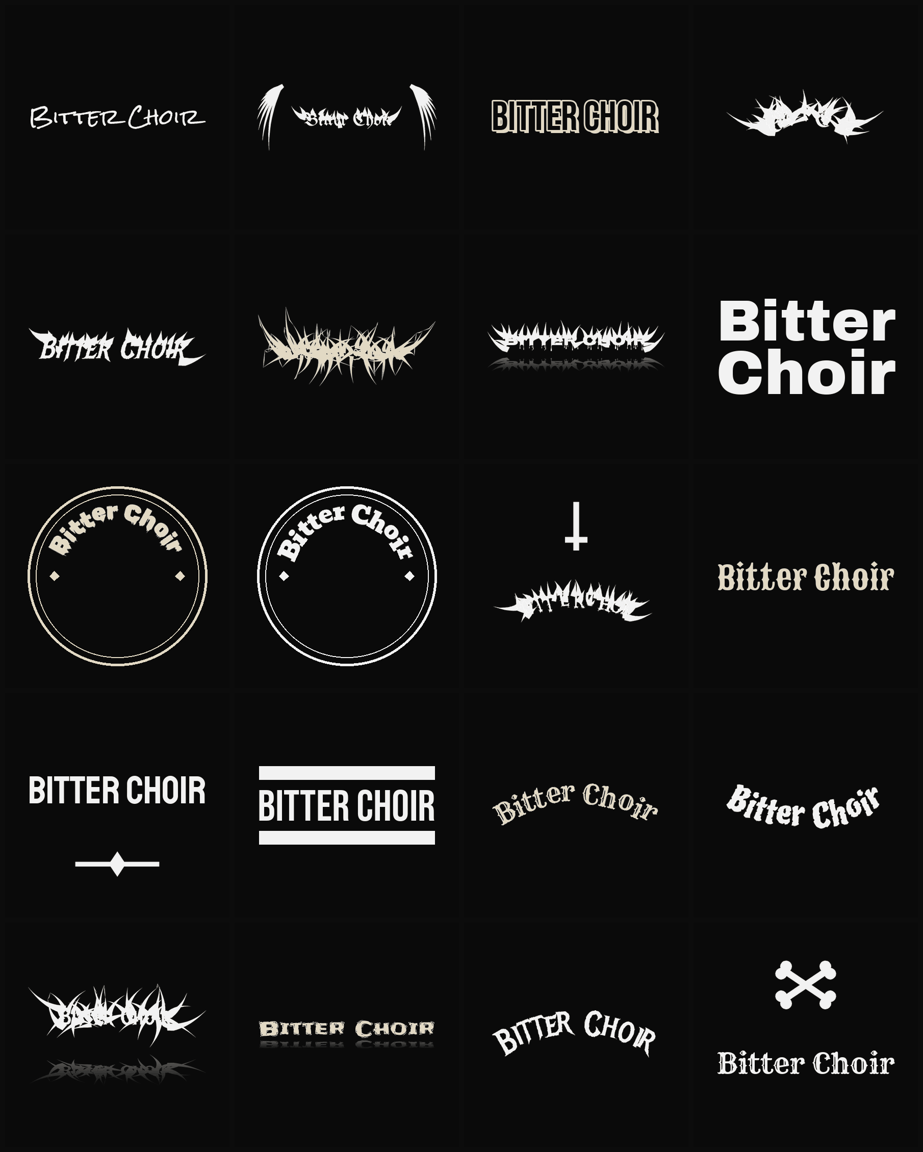 Twenty Bitter Choir band logo ideas — different faces, treatments and spike settings