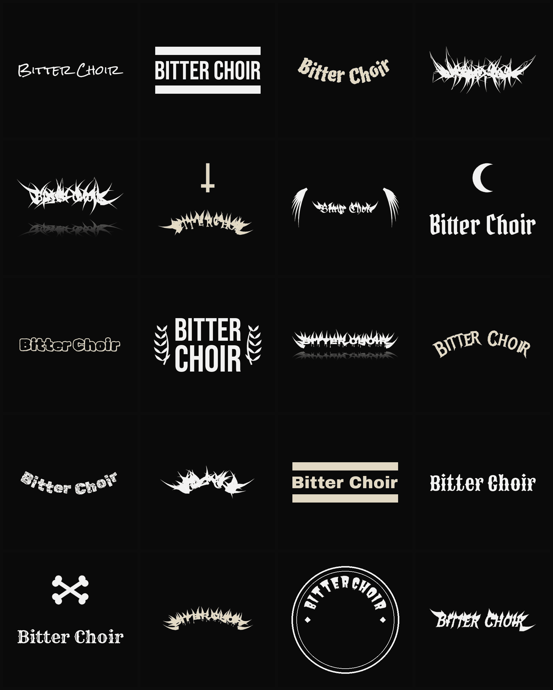 Twenty Bitter Choir band logo ideas — different faces, treatments and spike settings