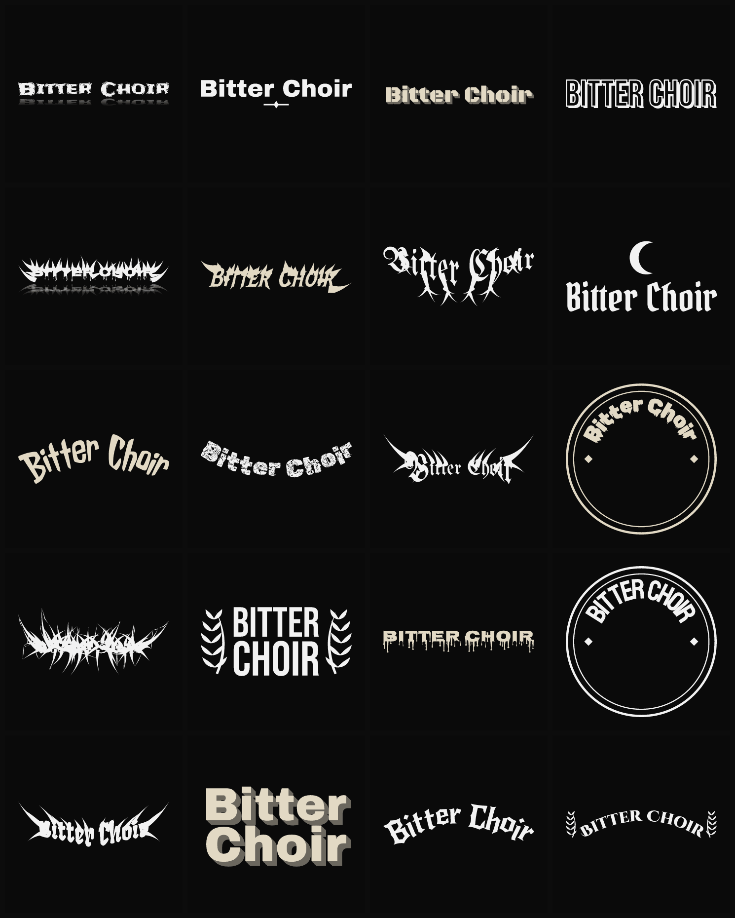 Twenty Bitter Choir band logo ideas — different faces, treatments and spike settings