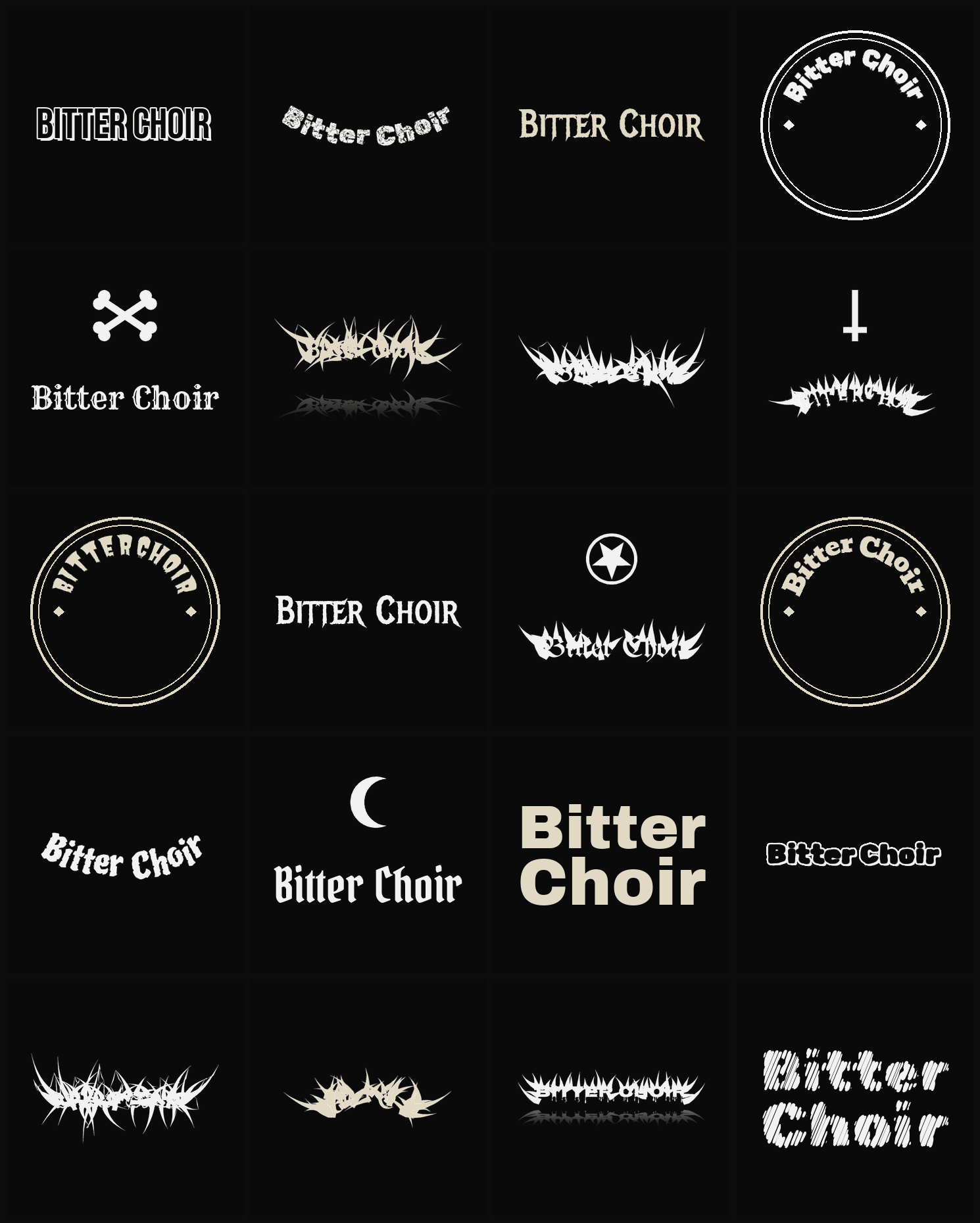 Twenty Bitter Choir band logo ideas — different faces, treatments and spike settings