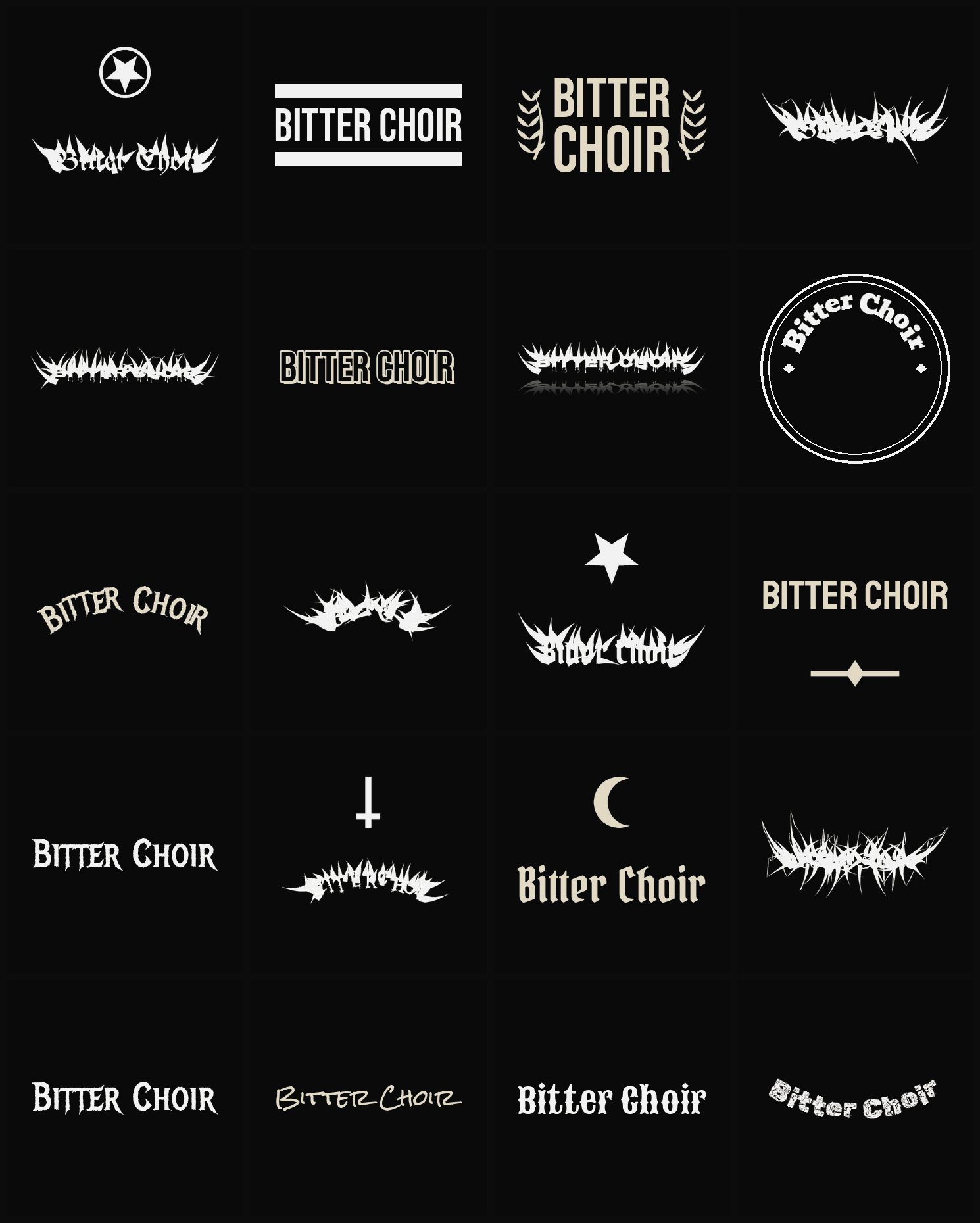 Twenty Bitter Choir band logo ideas — different faces, treatments and spike settings