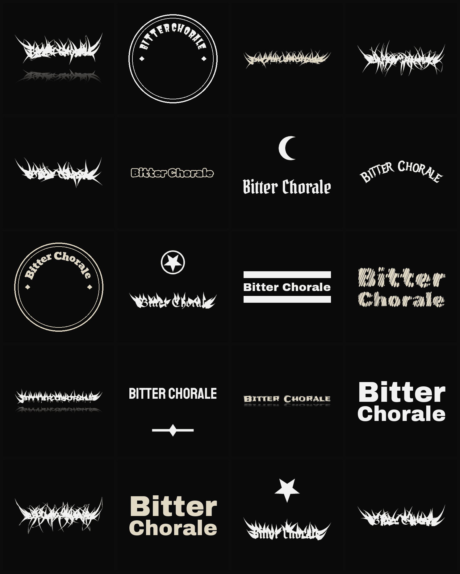 Twenty Bitter Chorale band logo ideas — different faces, treatments and spike settings