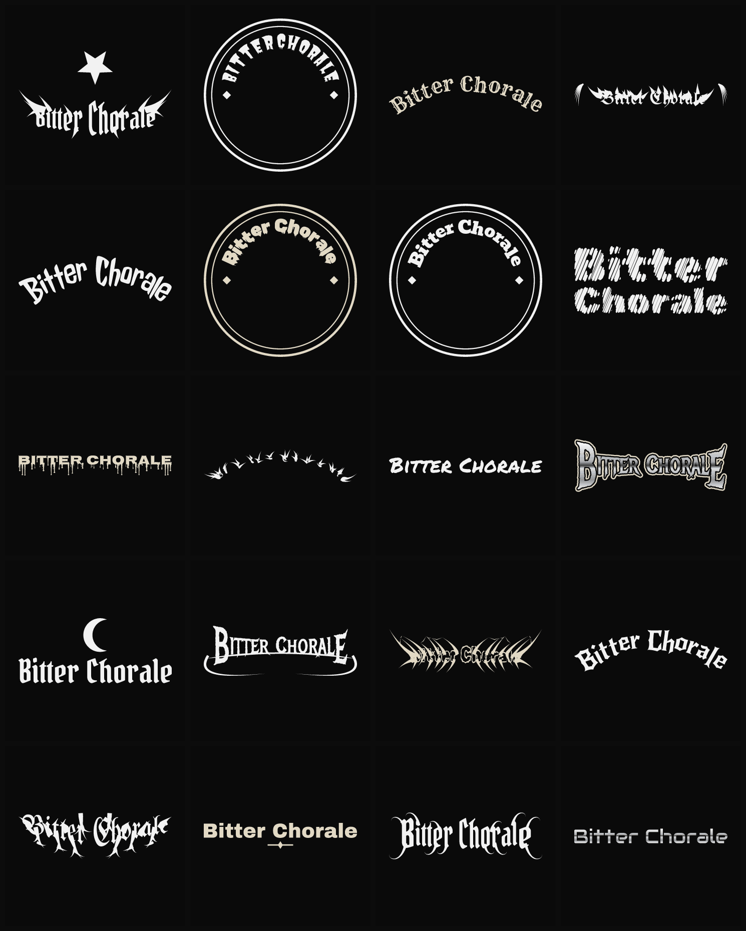 Twenty Bitter Chorale band logo ideas — different faces, treatments and spike settings