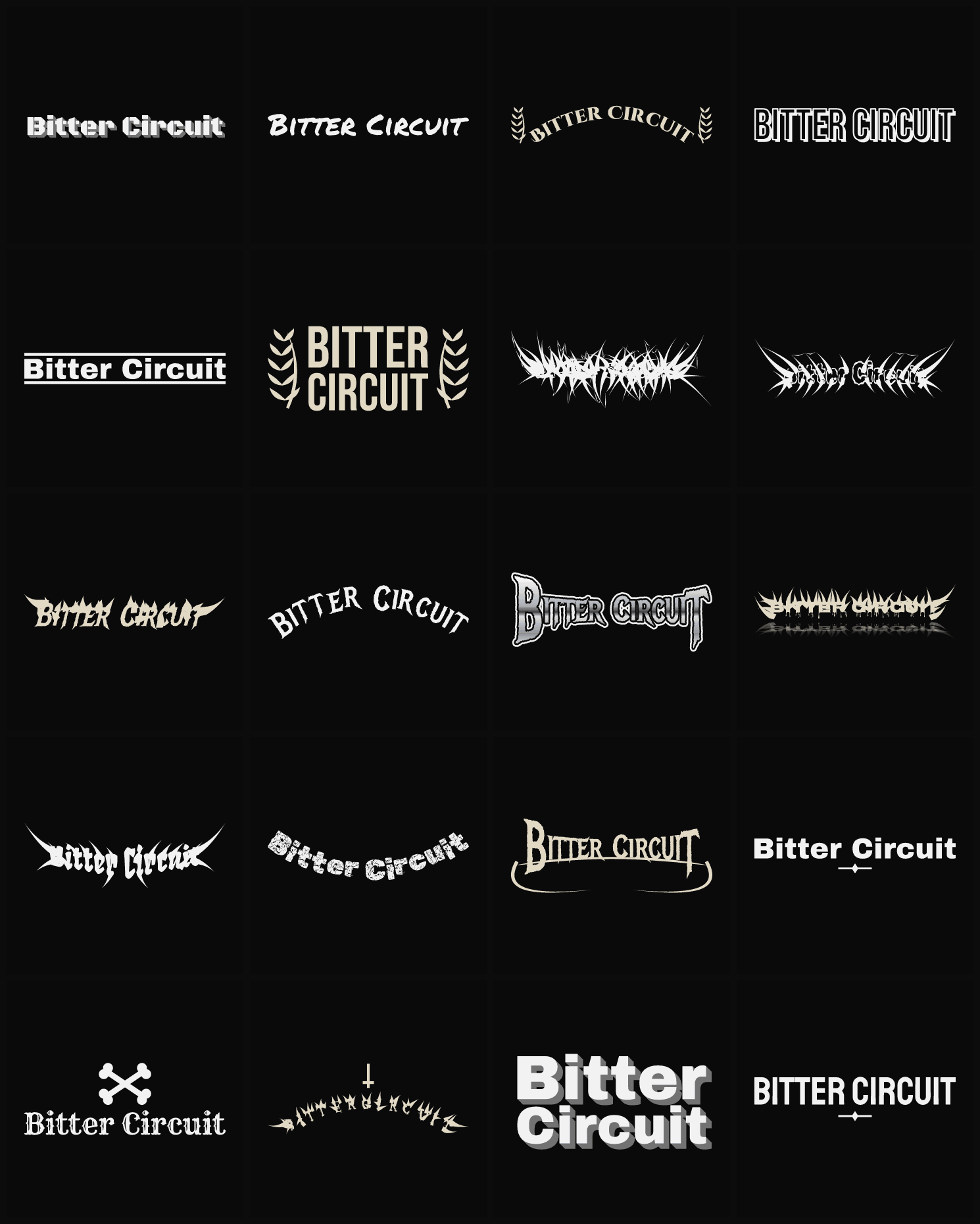 Twenty Bitter Circuit band logo ideas — different faces, treatments and spike settings