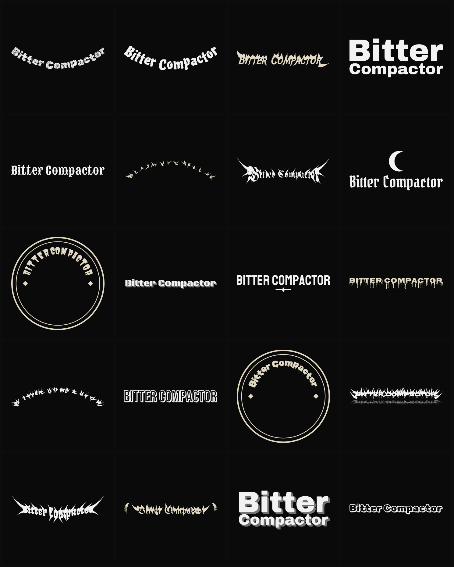 Twenty Bitter Compactor band logo ideas — different faces, treatments and spike settings