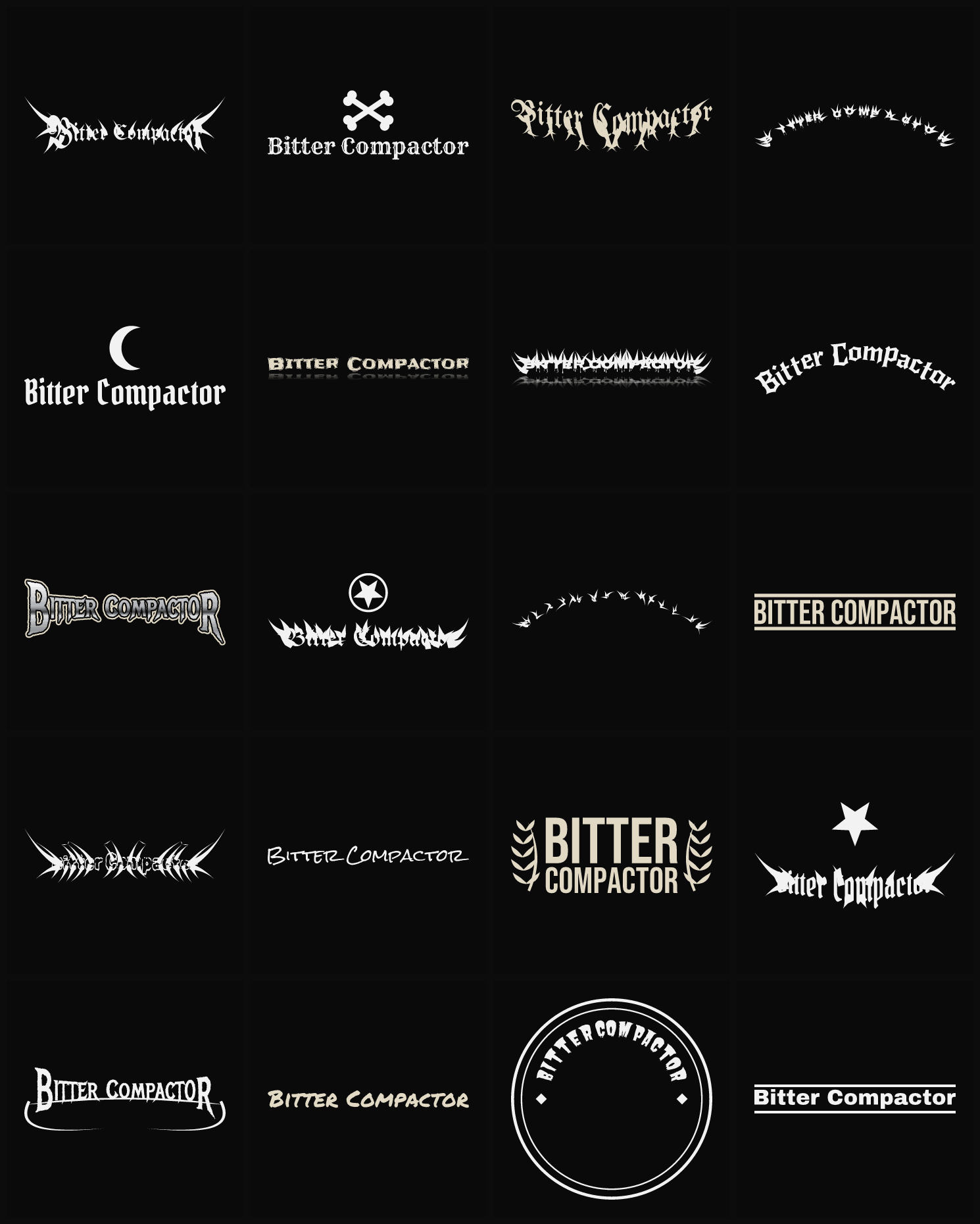 Twenty Bitter Compactor band logo ideas — different faces, treatments and spike settings