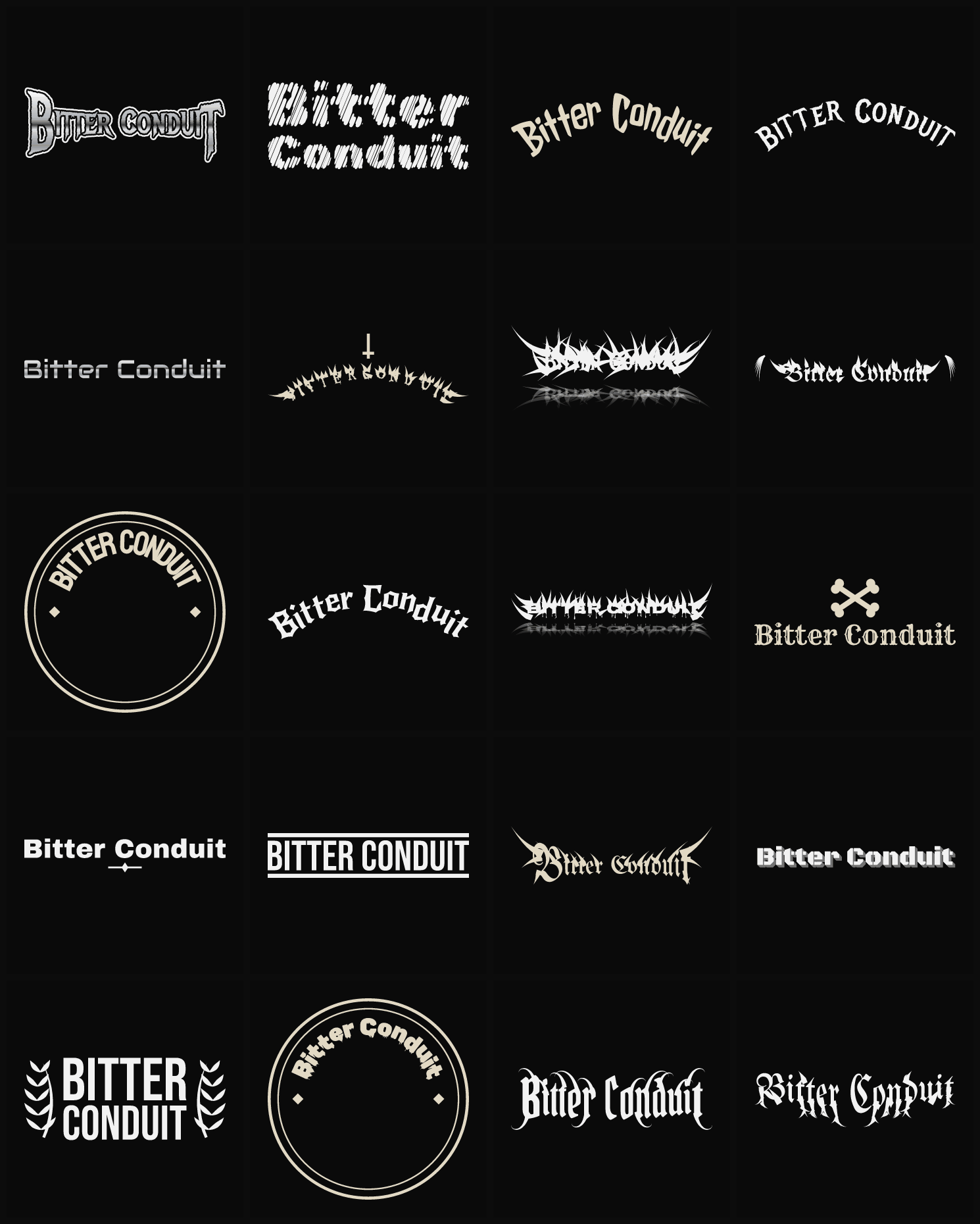 Twenty Bitter Conduit band logo ideas — different faces, treatments and spike settings