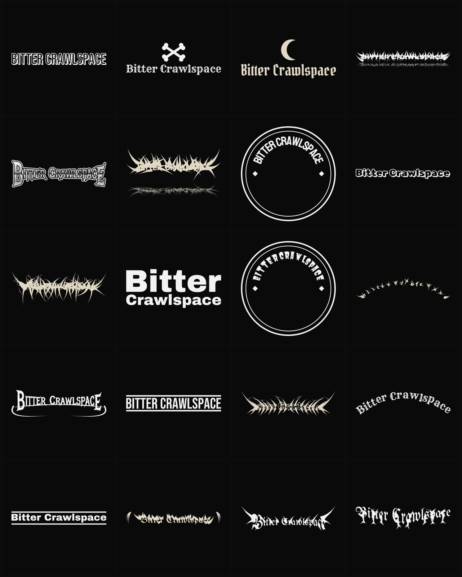 Twenty Bitter Crawlspace band logo ideas — different faces, treatments and spike settings