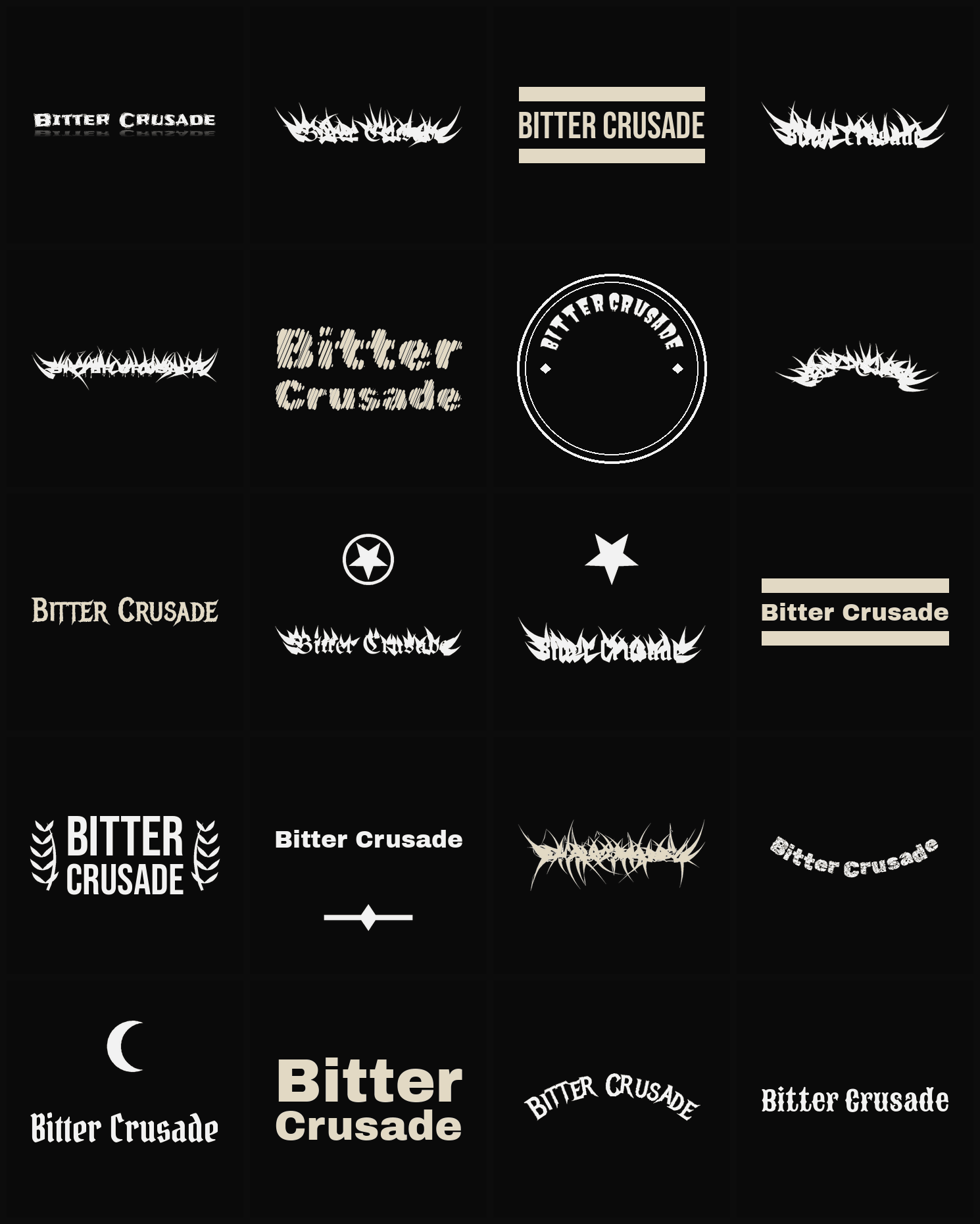 Twenty Bitter Crusade band logo ideas — different faces, treatments and spike settings