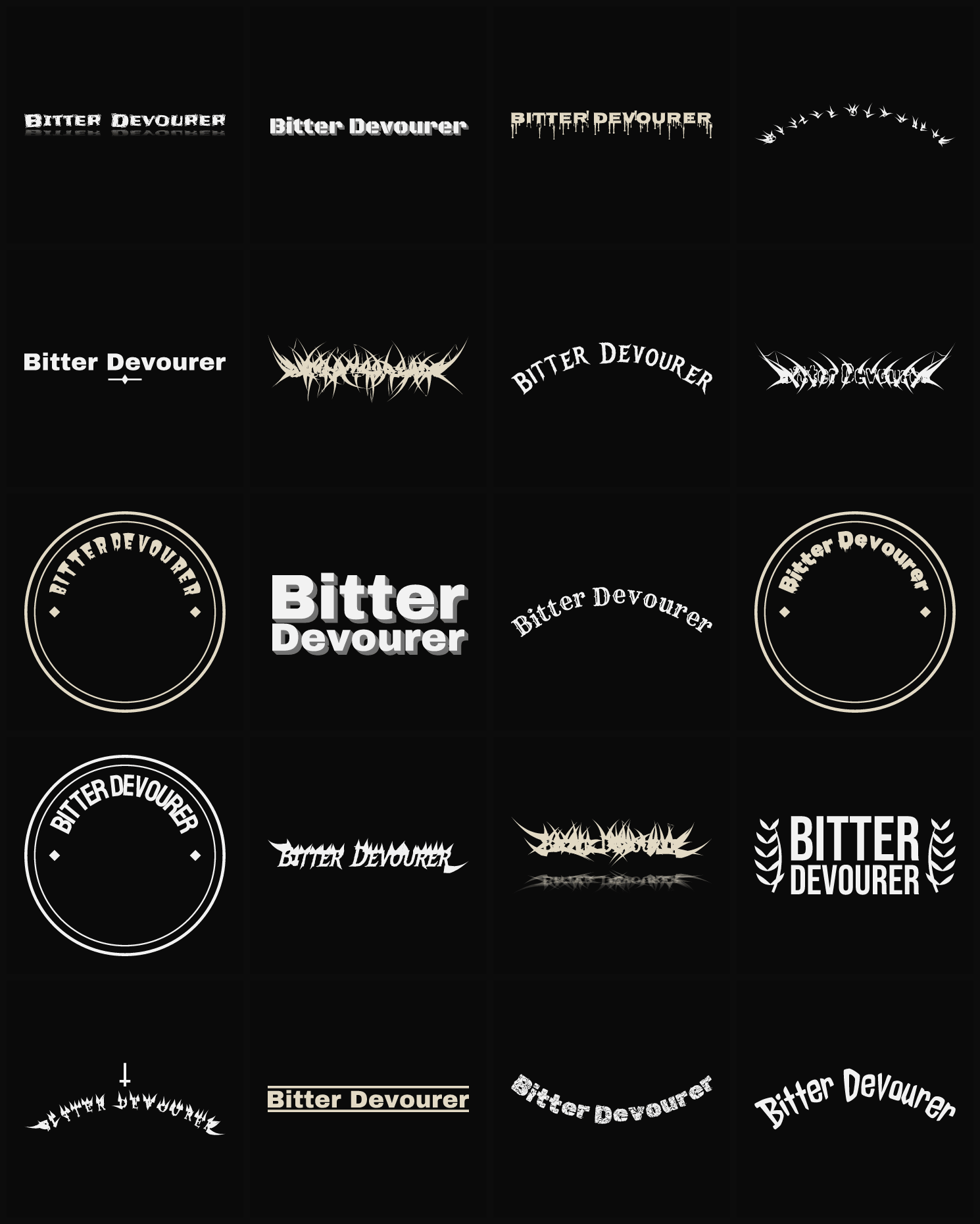 Twenty Bitter Devourer band logo ideas — different faces, treatments and spike settings