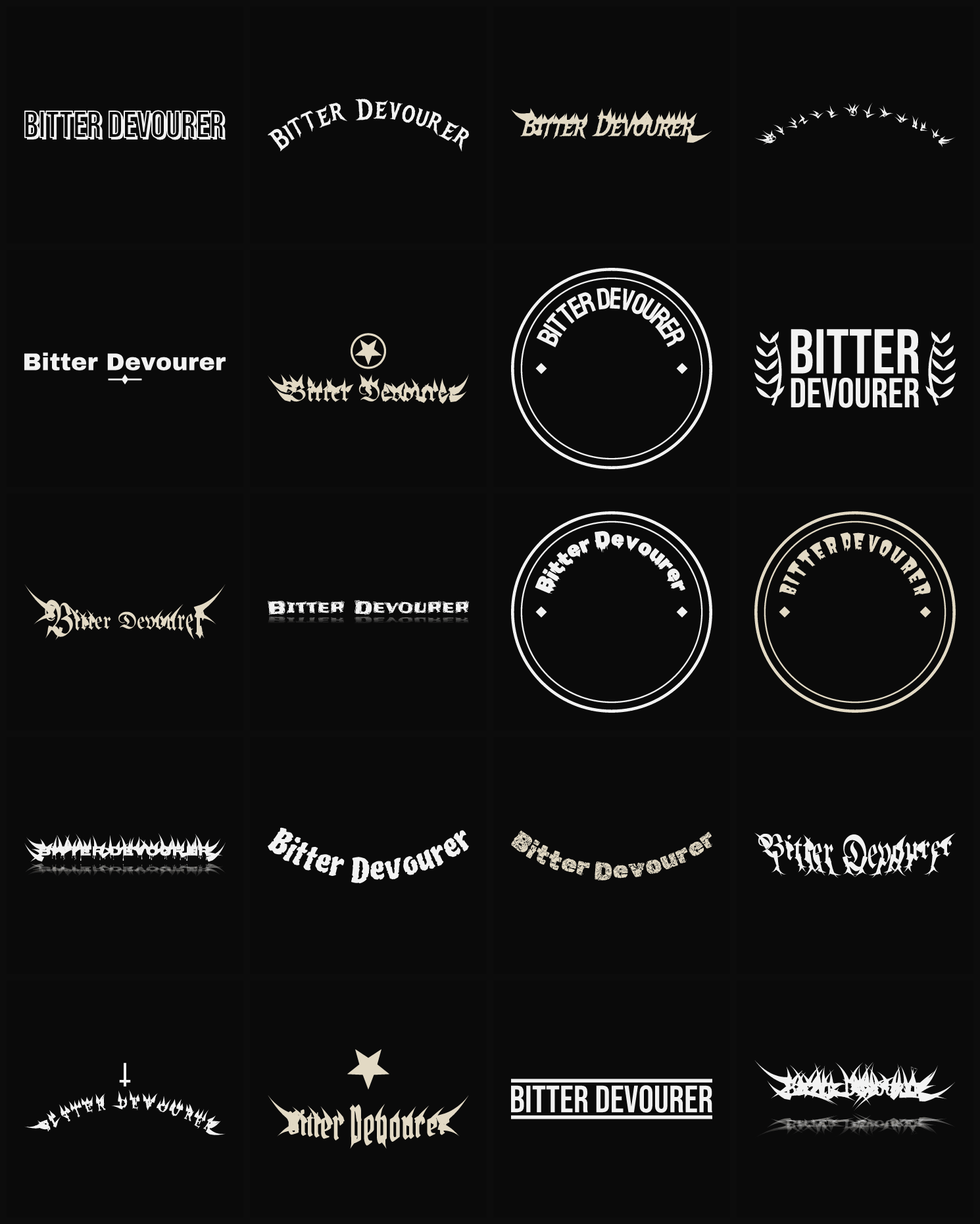 Twenty Bitter Devourer band logo ideas — different faces, treatments and spike settings