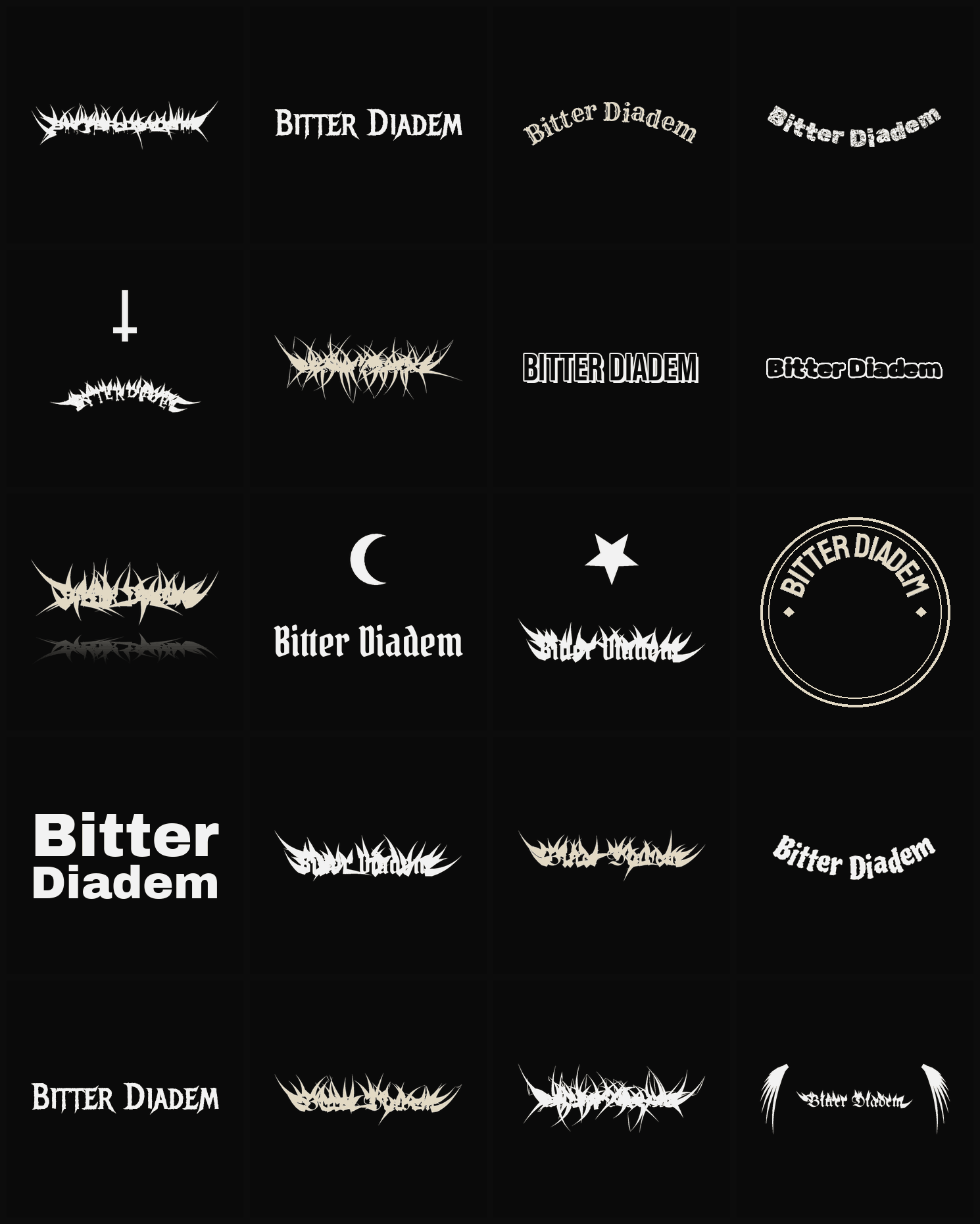 Twenty Bitter Diadem band logo ideas — different faces, treatments and spike settings