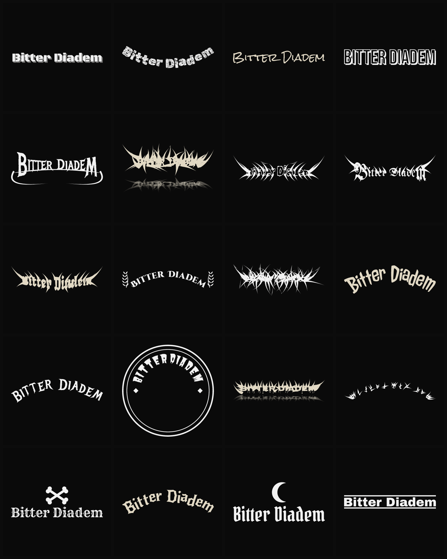 Twenty Bitter Diadem band logo ideas — different faces, treatments and spike settings