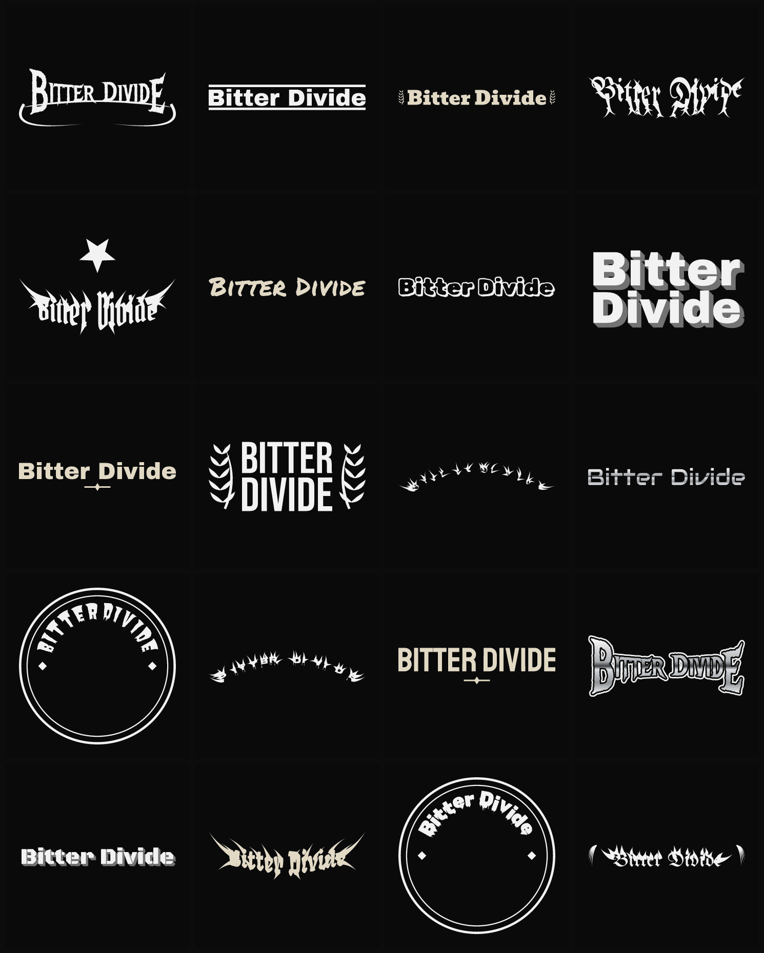 Twenty Bitter Divide band logo ideas — different faces, treatments and spike settings