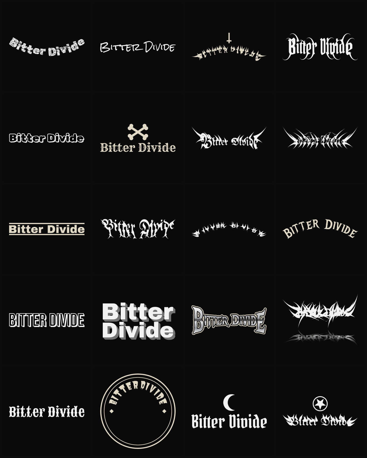 Twenty Bitter Divide band logo ideas — different faces, treatments and spike settings