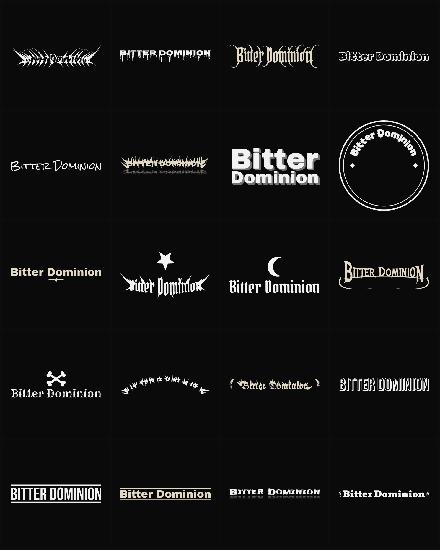 Twenty Bitter Dominion band logo ideas — different faces, treatments and spike settings