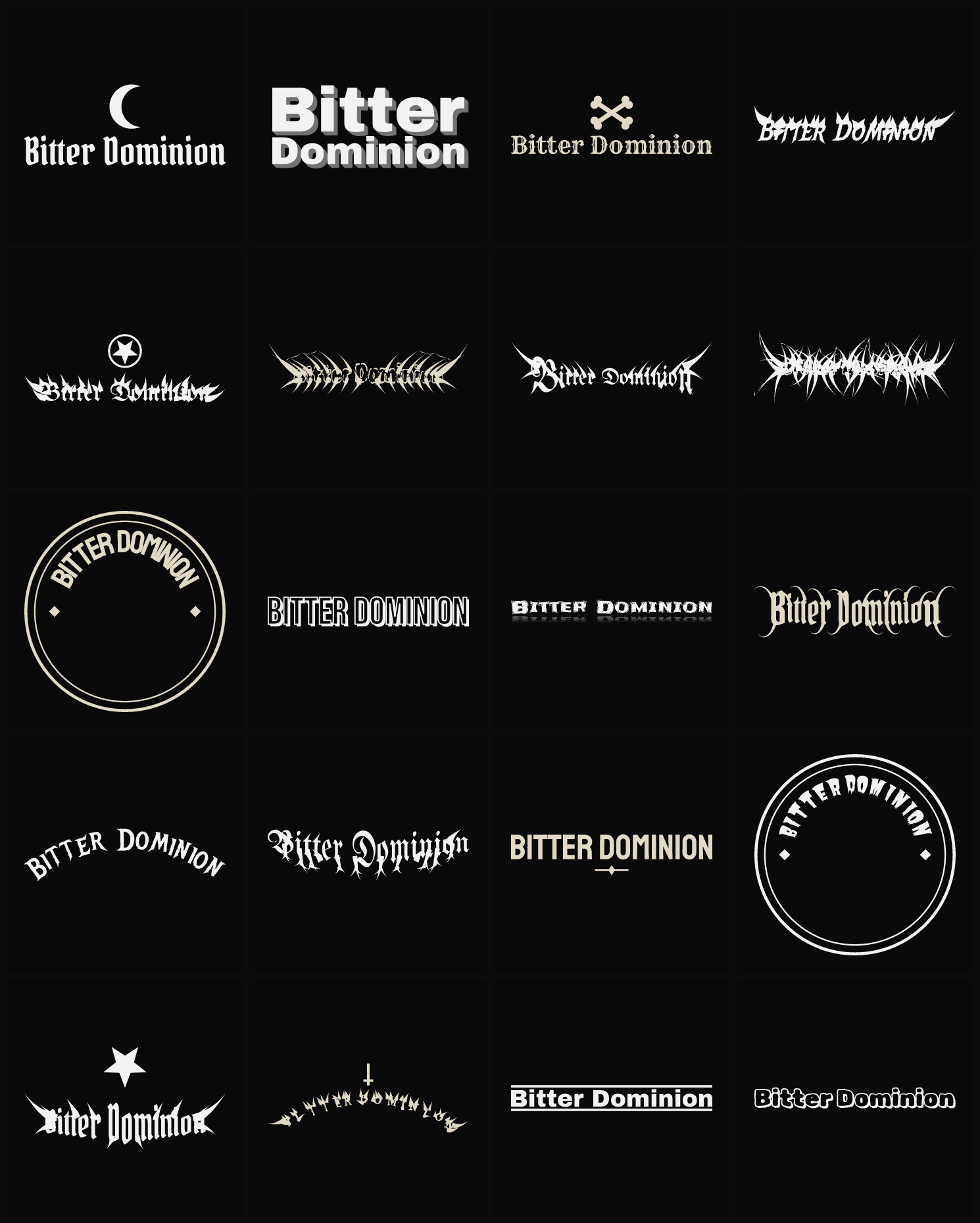 Twenty Bitter Dominion band logo ideas — different faces, treatments and spike settings