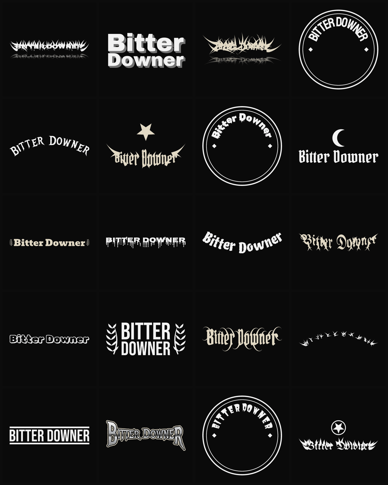 Twenty Bitter Downer band logo ideas — different faces, treatments and spike settings