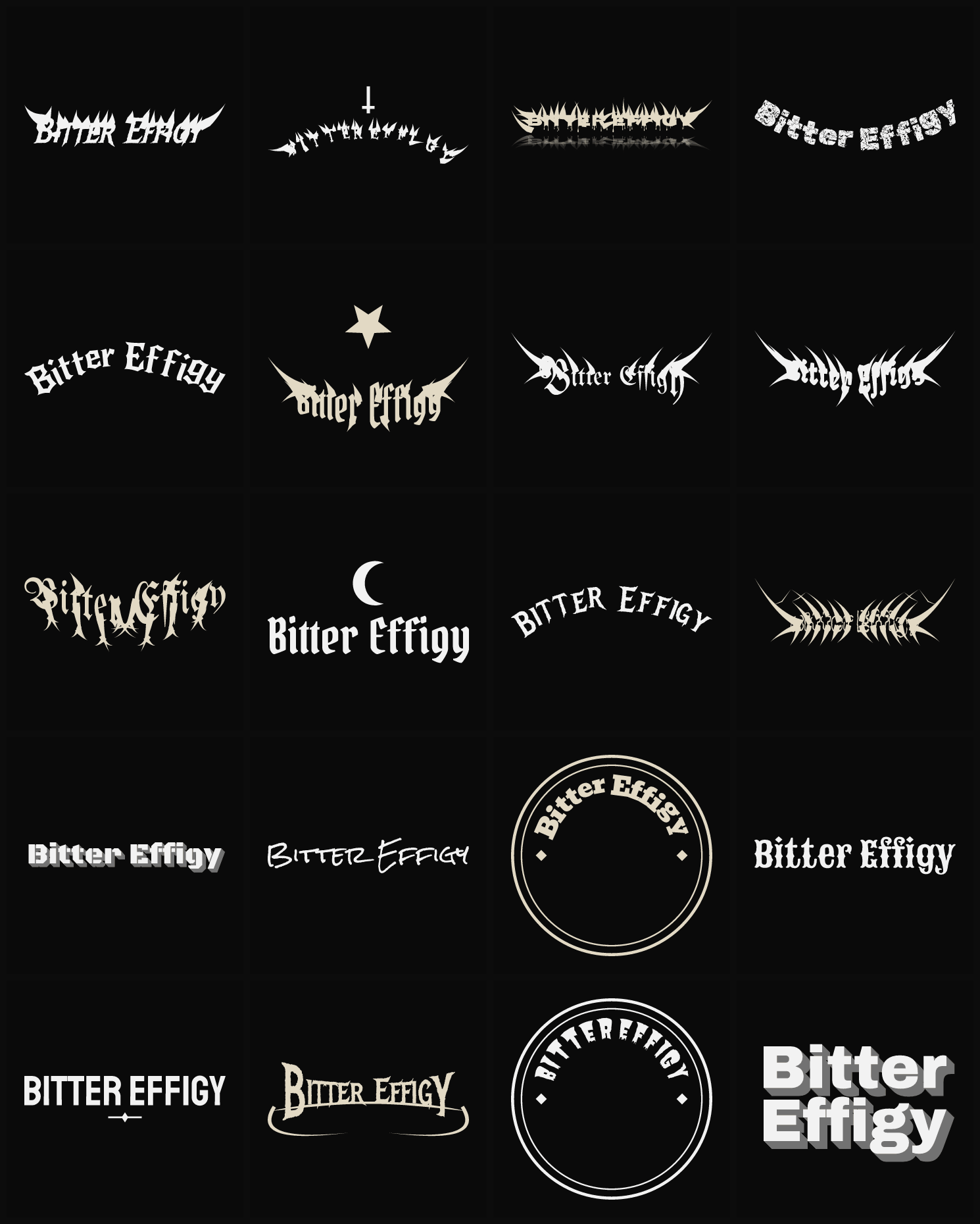 Twenty Bitter Effigy band logo ideas — different faces, treatments and spike settings