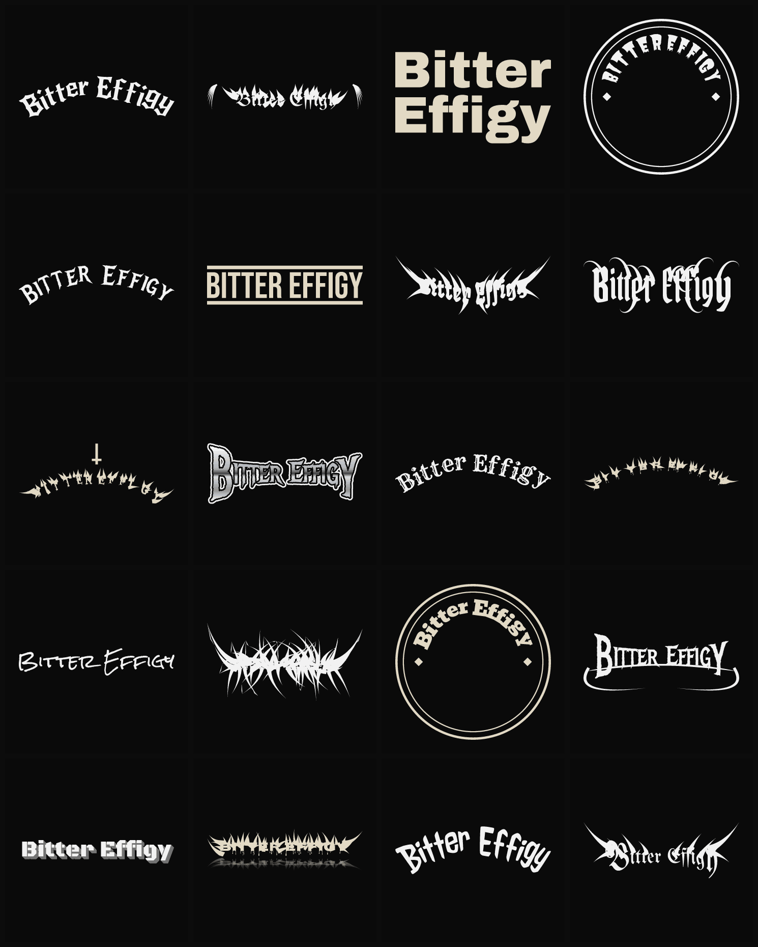 Twenty Bitter Effigy band logo ideas — different faces, treatments and spike settings