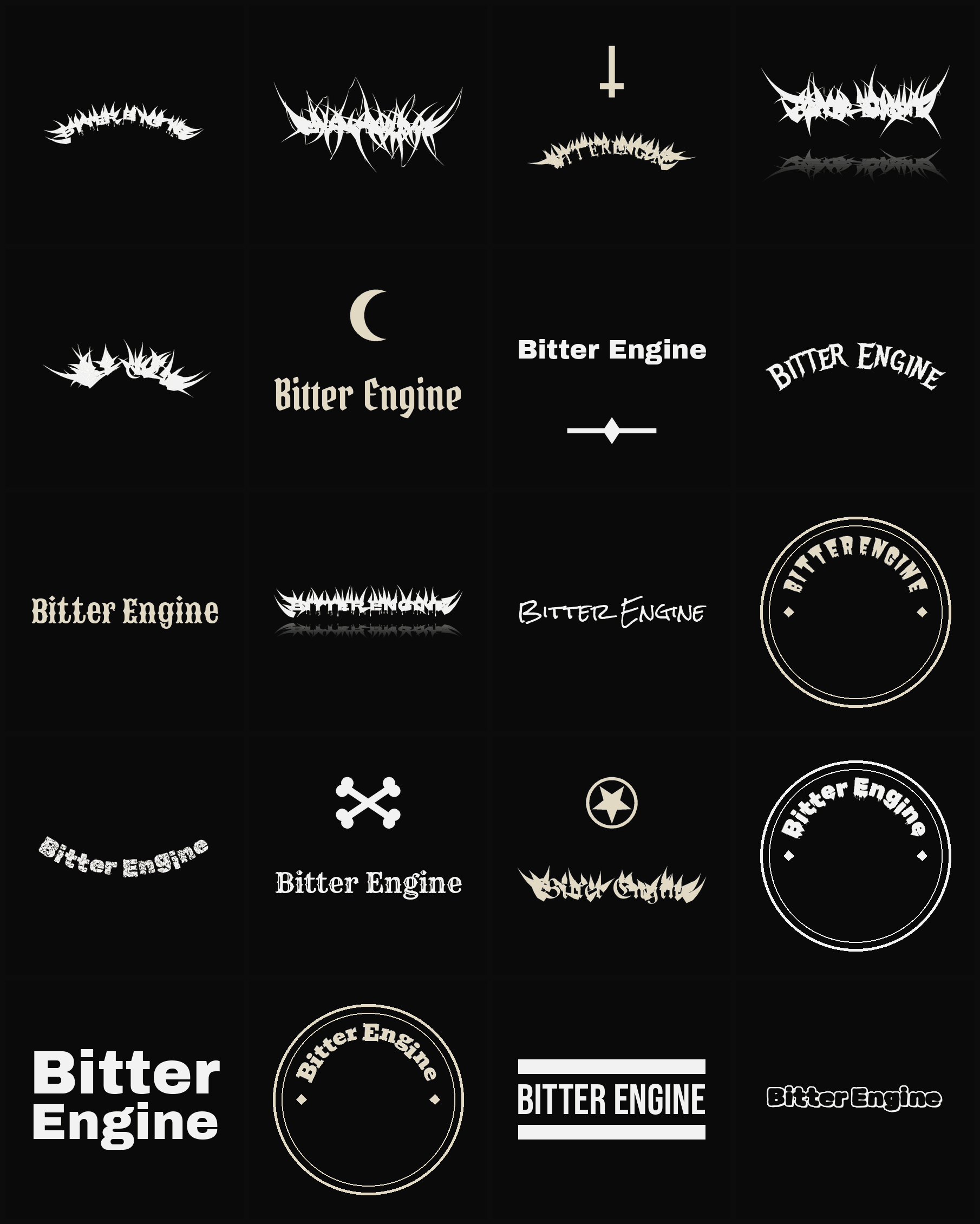 Twenty Bitter Engine band logo ideas — different faces, treatments and spike settings