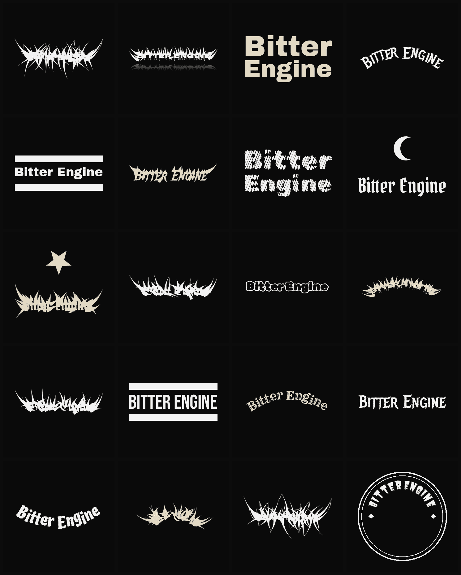 Twenty Bitter Engine band logo ideas — different faces, treatments and spike settings