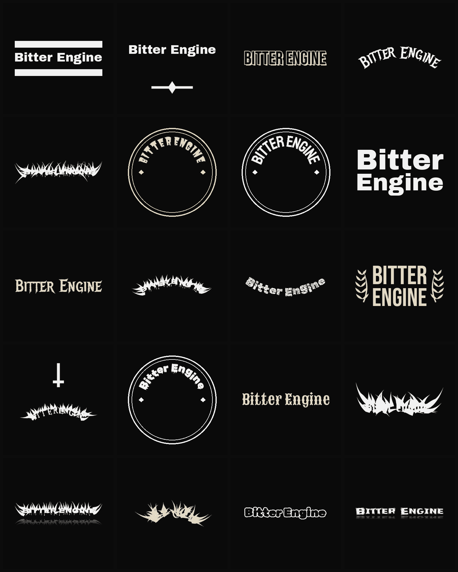 Twenty Bitter Engine band logo ideas — different faces, treatments and spike settings