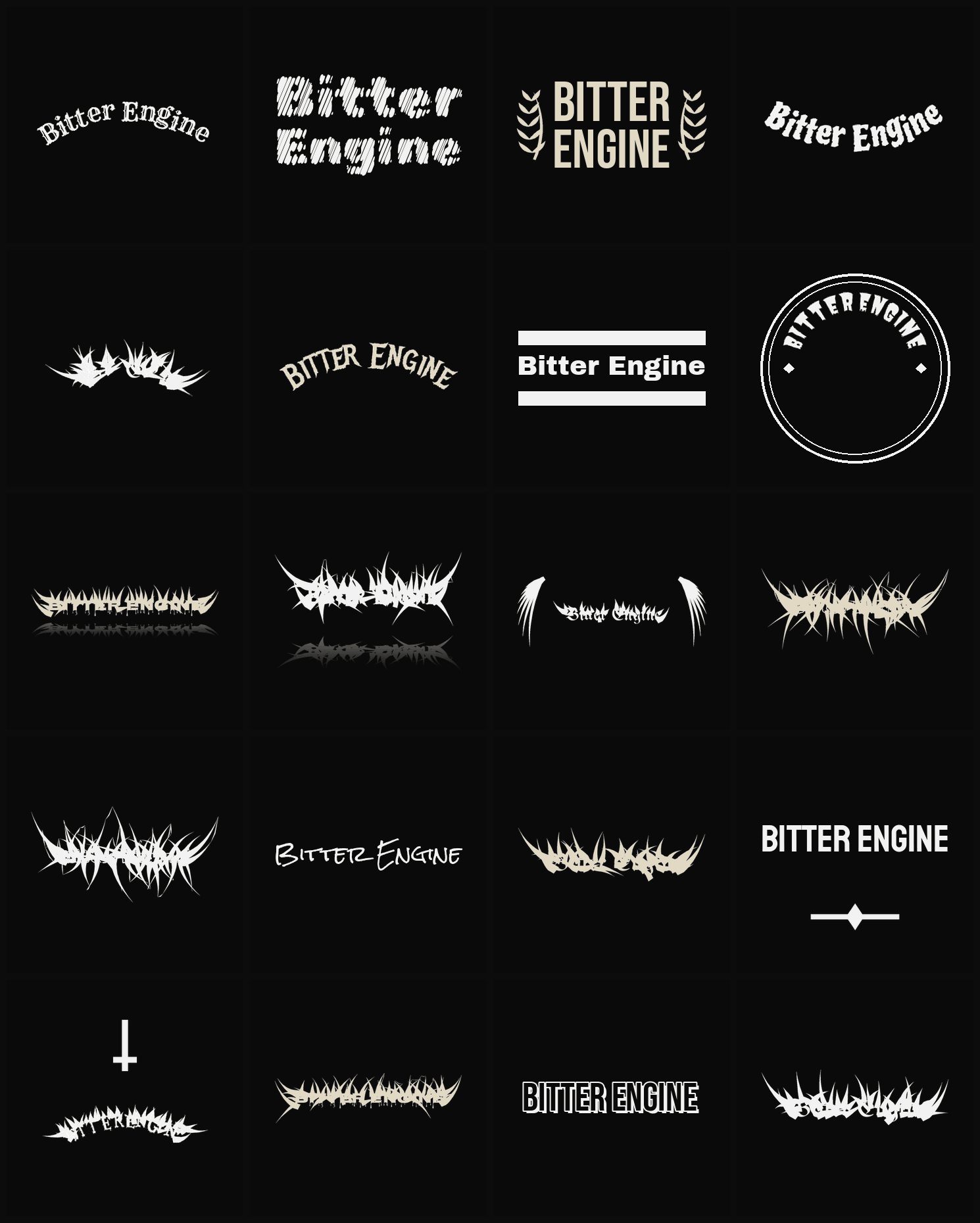 Twenty Bitter Engine band logo ideas — different faces, treatments and spike settings