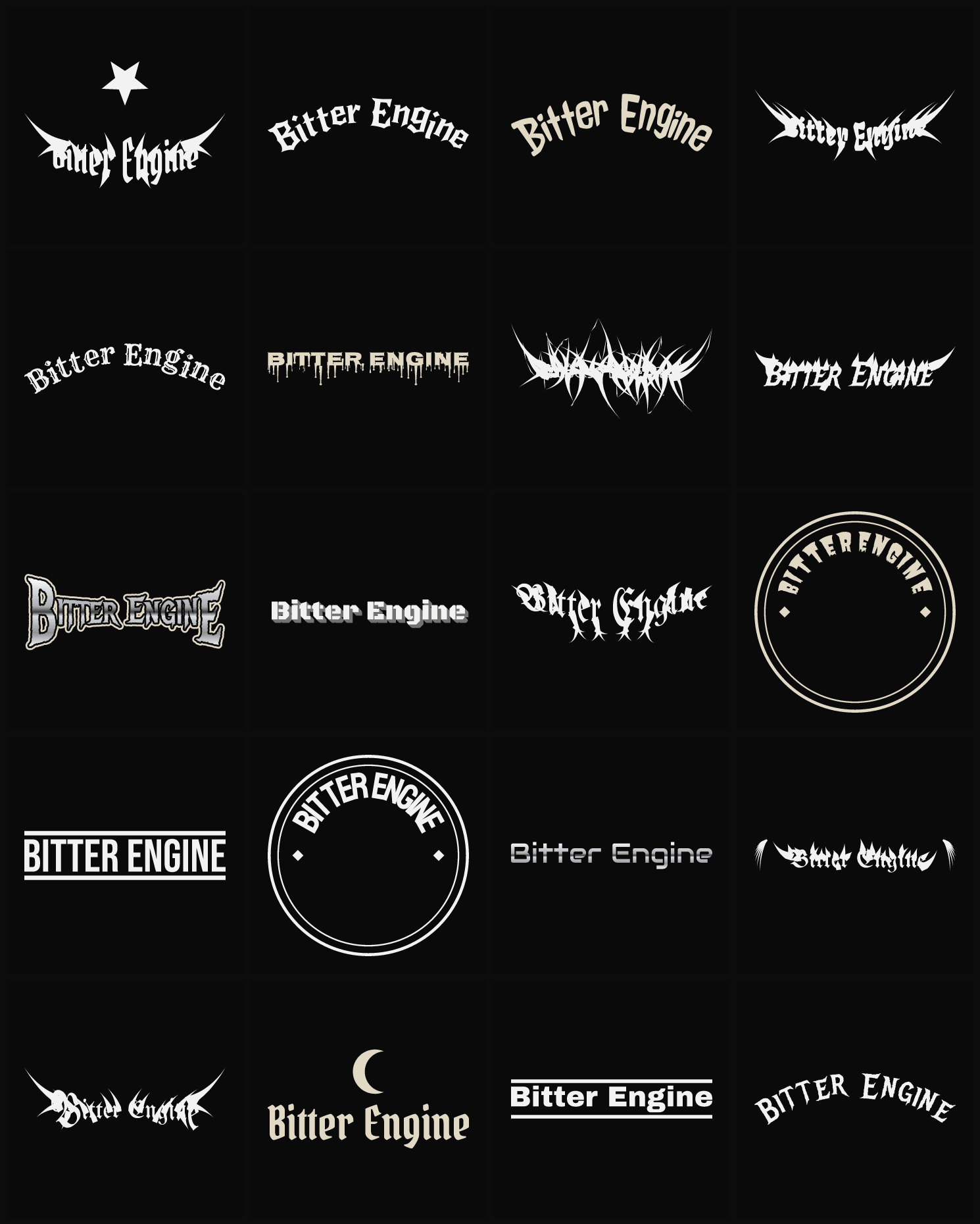 Twenty Bitter Engine band logo ideas — different faces, treatments and spike settings