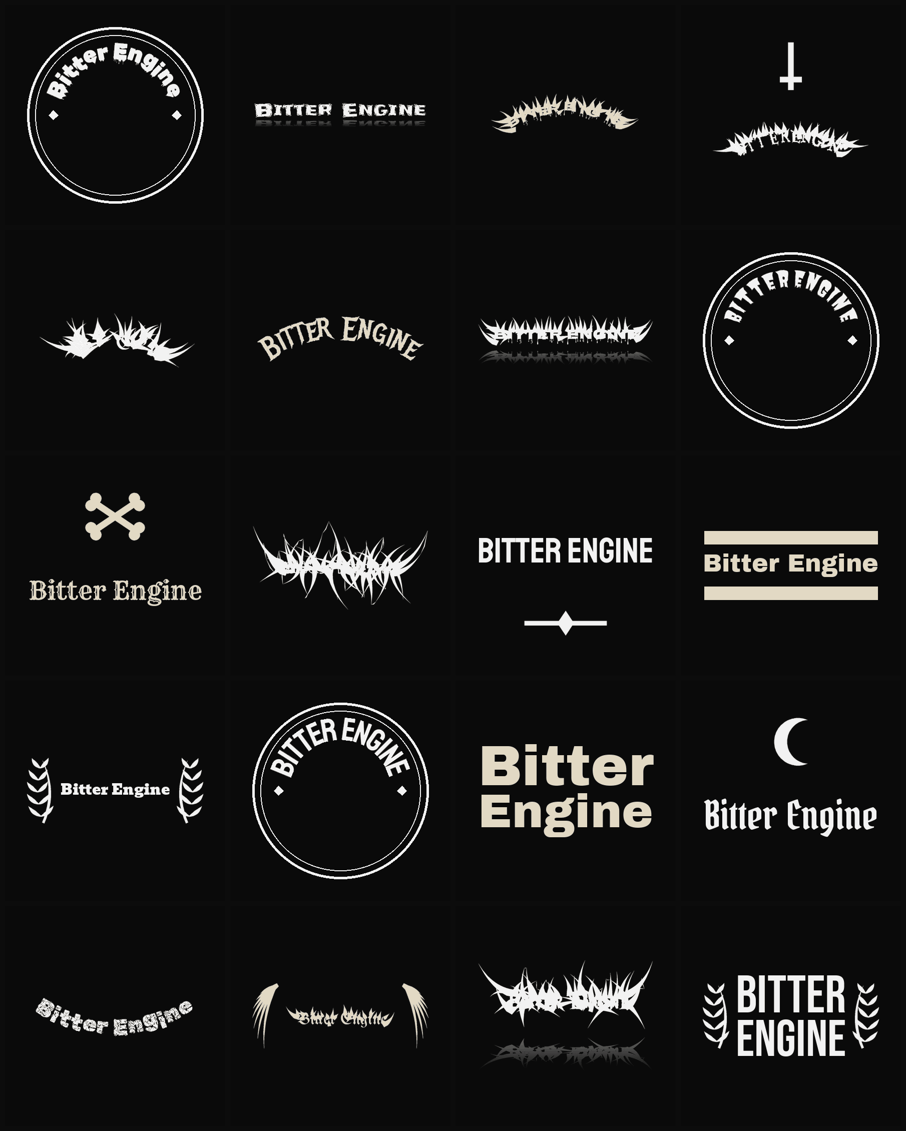 Twenty Bitter Engine band logo ideas — different faces, treatments and spike settings