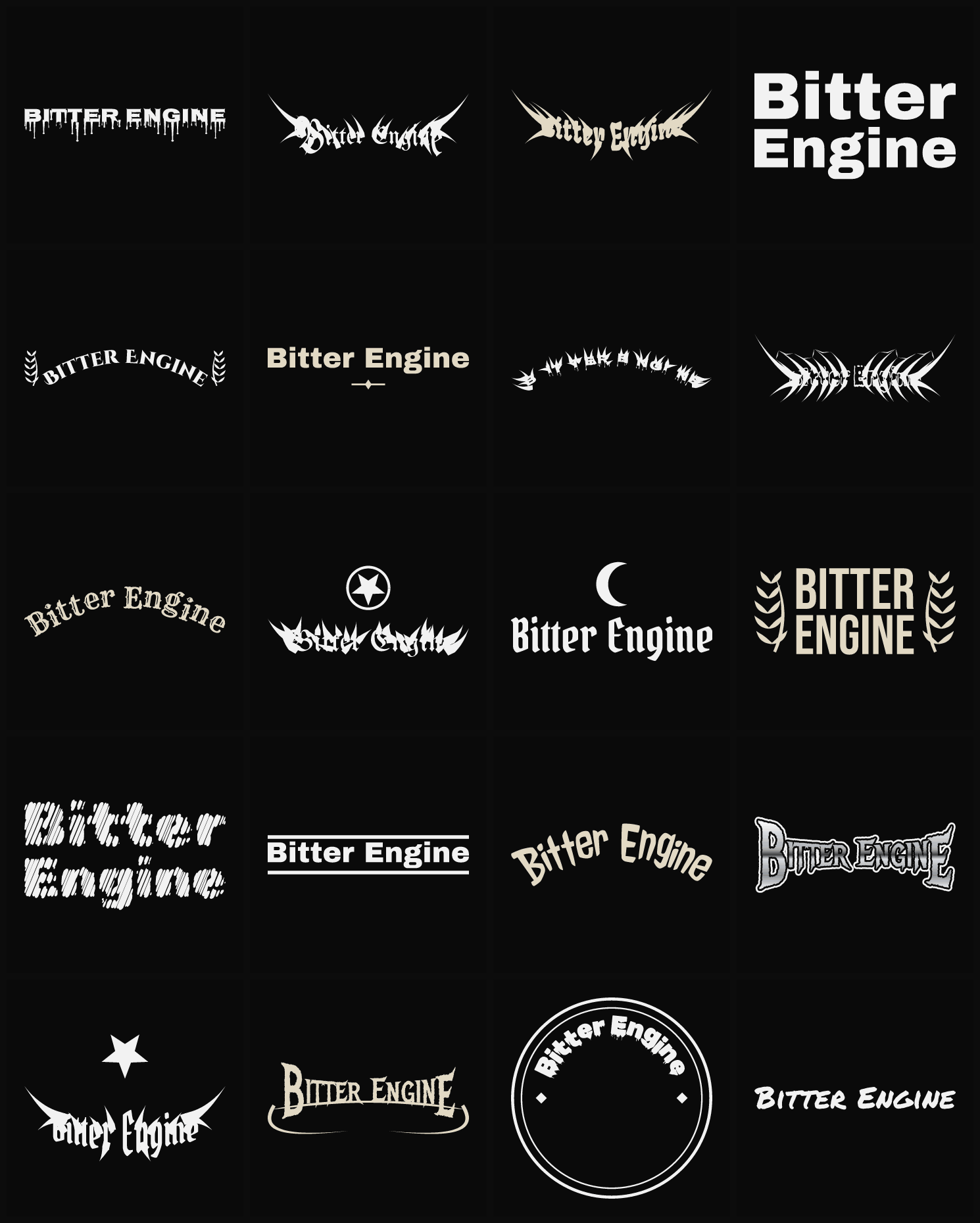 Twenty Bitter Engine band logo ideas — different faces, treatments and spike settings