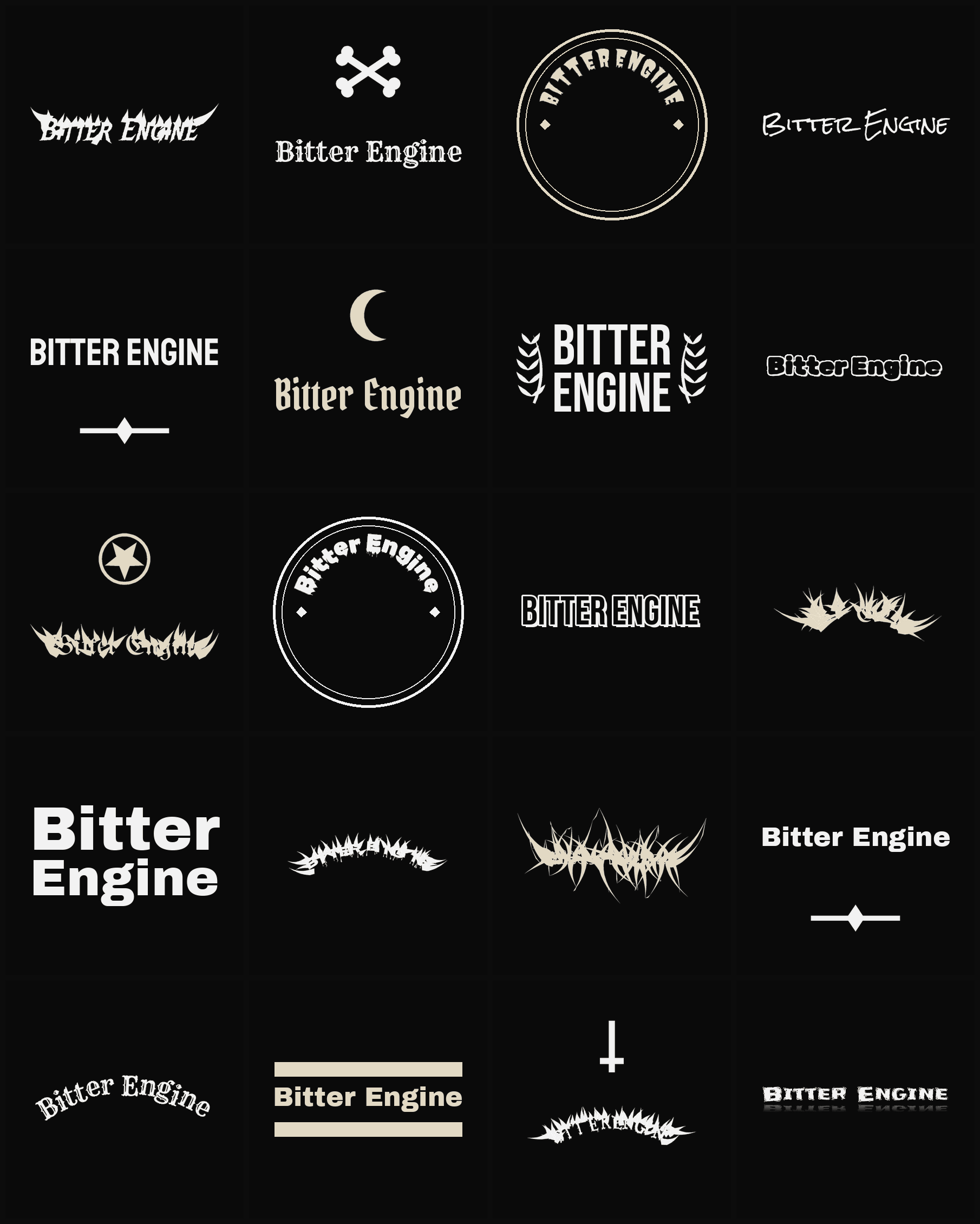 Twenty Bitter Engine band logo ideas — different faces, treatments and spike settings
