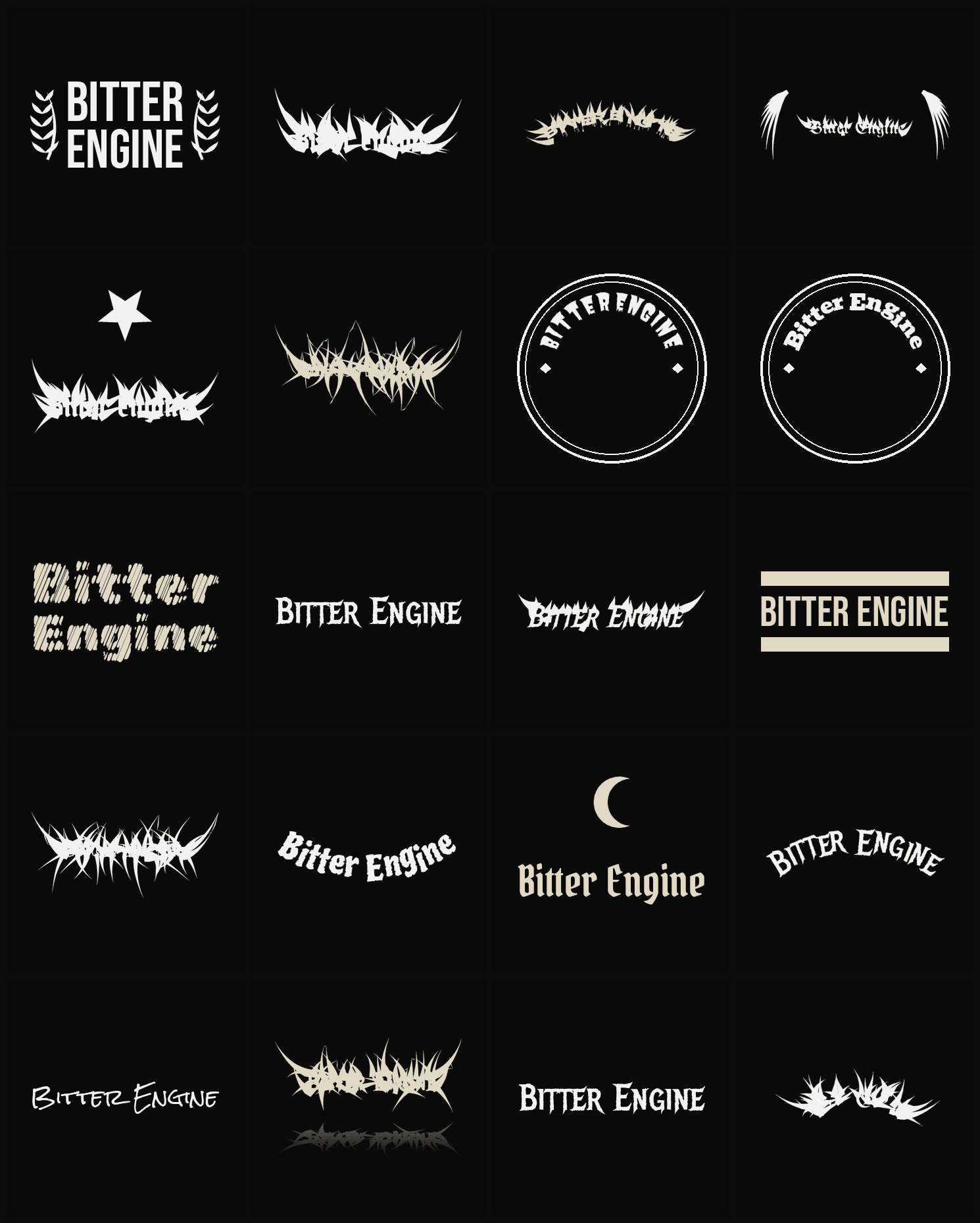 Twenty Bitter Engine band logo ideas — different faces, treatments and spike settings