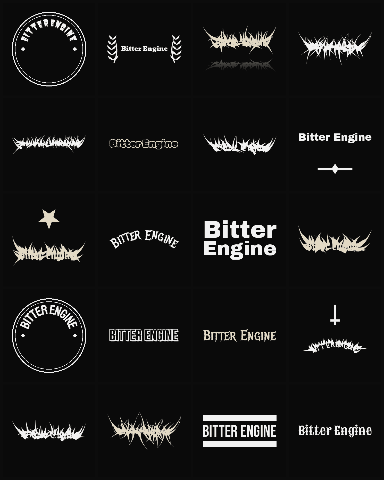 Twenty Bitter Engine band logo ideas — different faces, treatments and spike settings