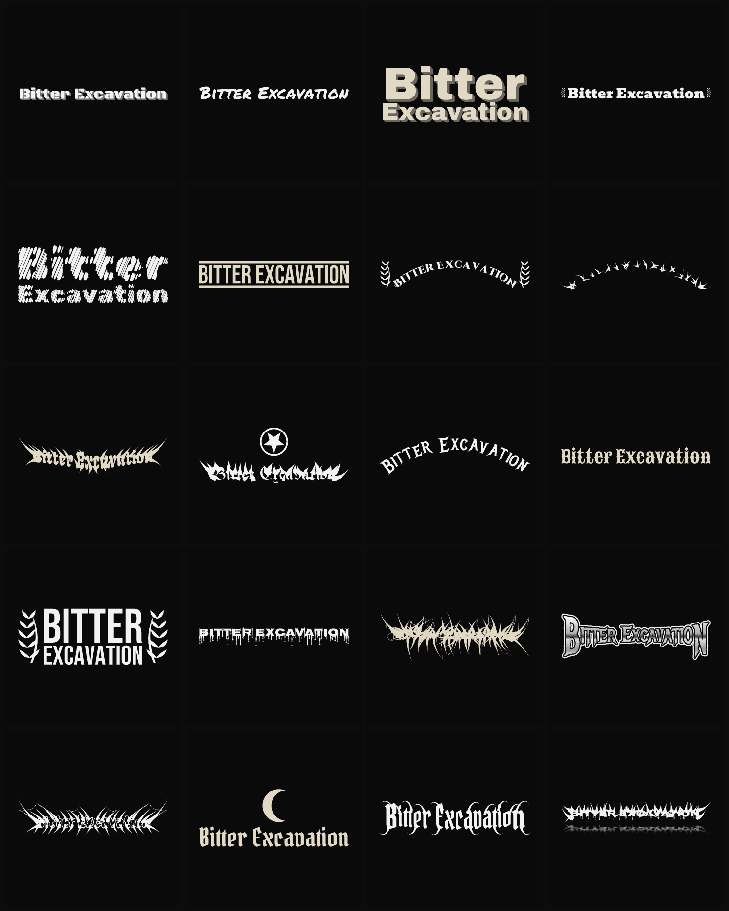 Twenty Bitter Excavation band logo ideas — different faces, treatments and spike settings