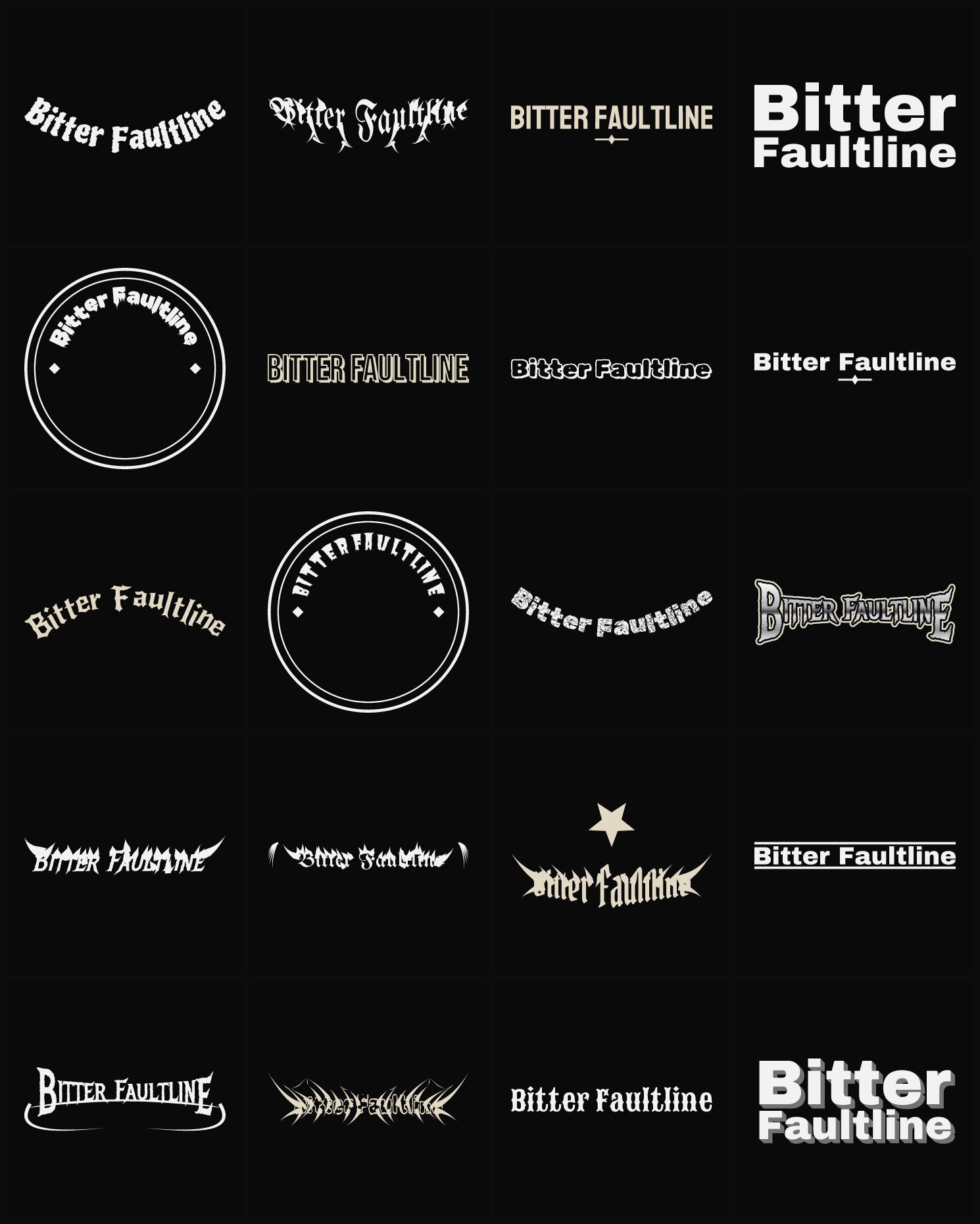 Twenty Bitter Faultline band logo ideas — different faces, treatments and spike settings