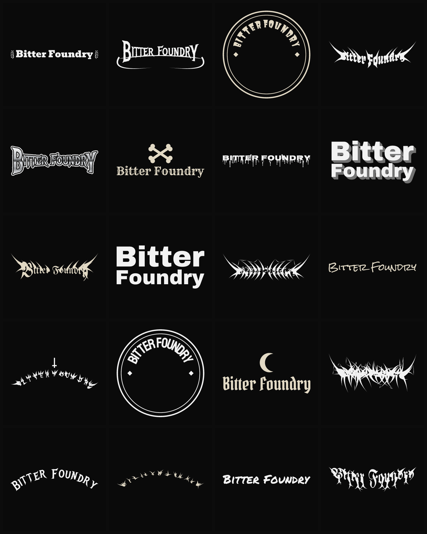 Twenty Bitter Foundry band logo ideas — different faces, treatments and spike settings