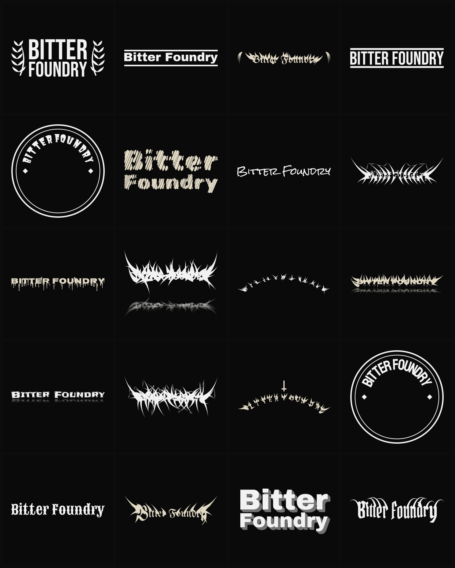 Twenty Bitter Foundry band logo ideas — different faces, treatments and spike settings