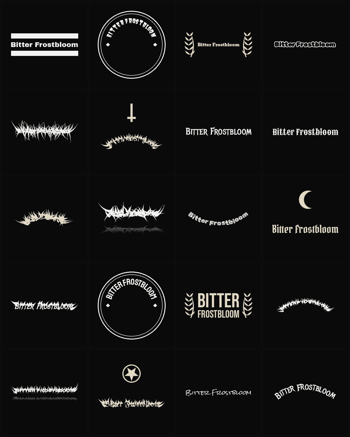 Twenty Bitter Frostbloom band logo ideas — different faces, treatments and spike settings