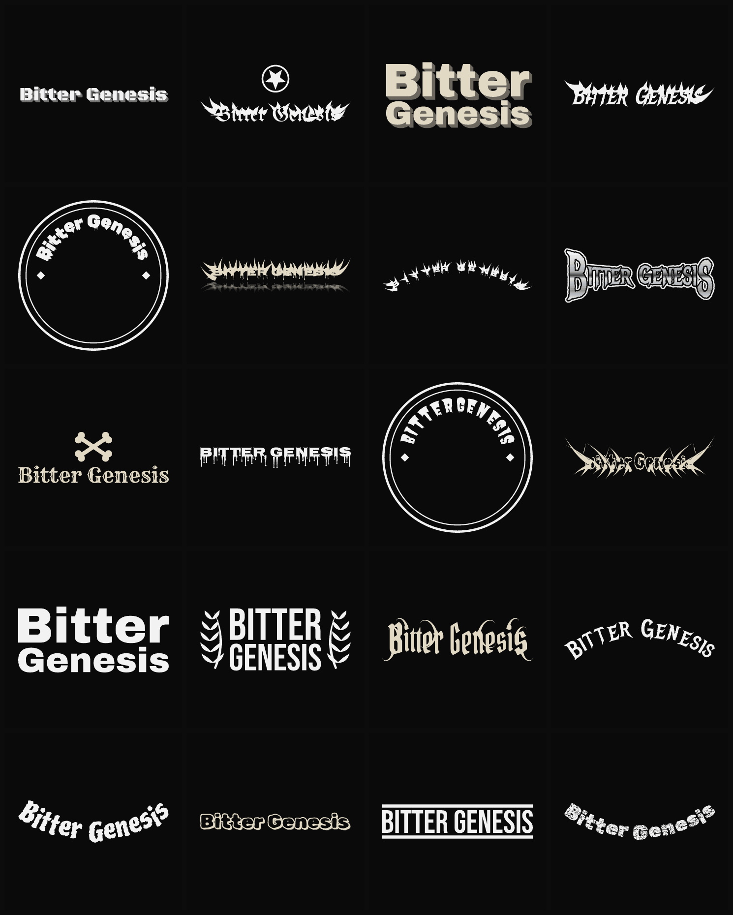 Twenty Bitter Genesis band logo ideas — different faces, treatments and spike settings