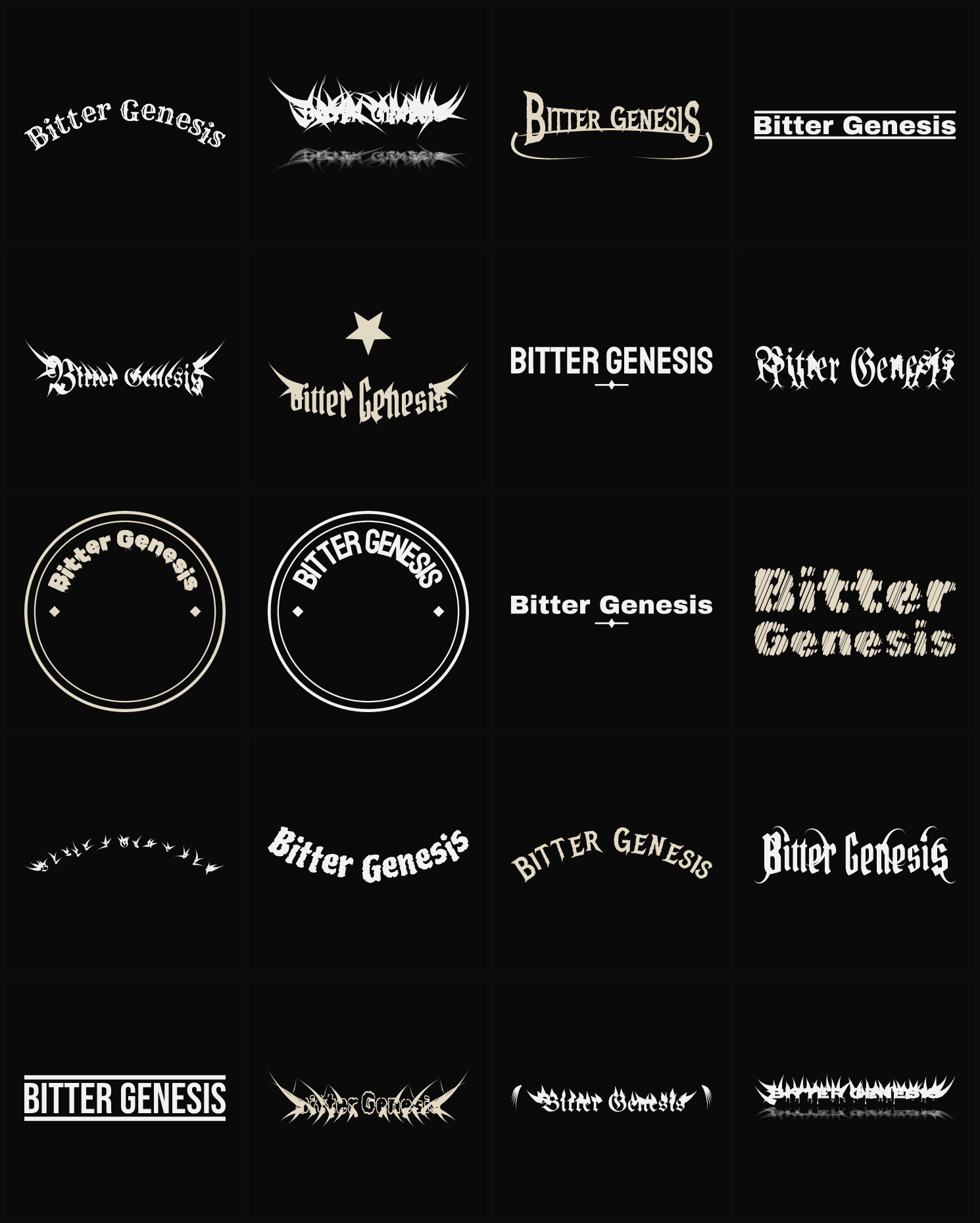Twenty Bitter Genesis band logo ideas — different faces, treatments and spike settings
