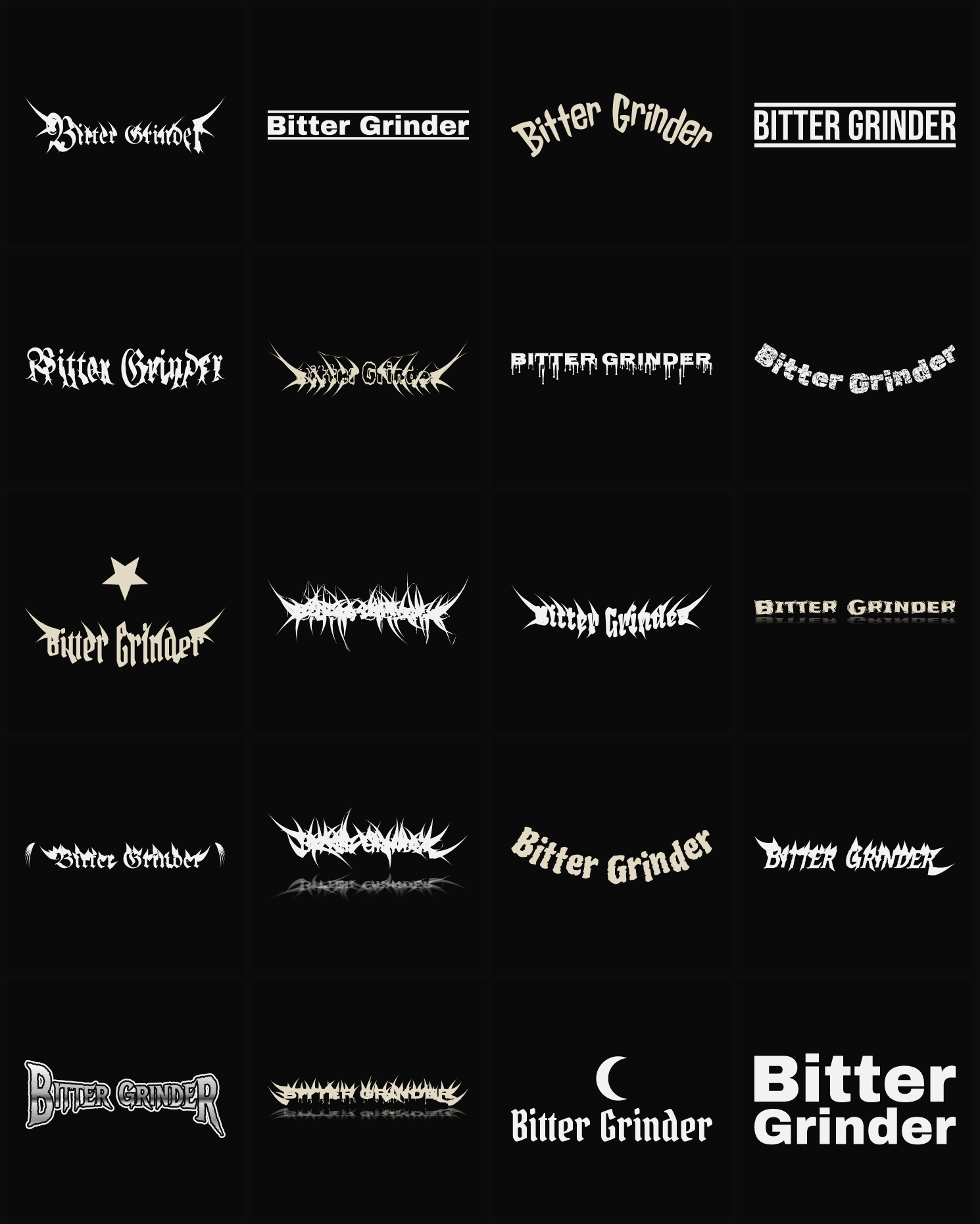 Twenty Bitter Grinder band logo ideas — different faces, treatments and spike settings
